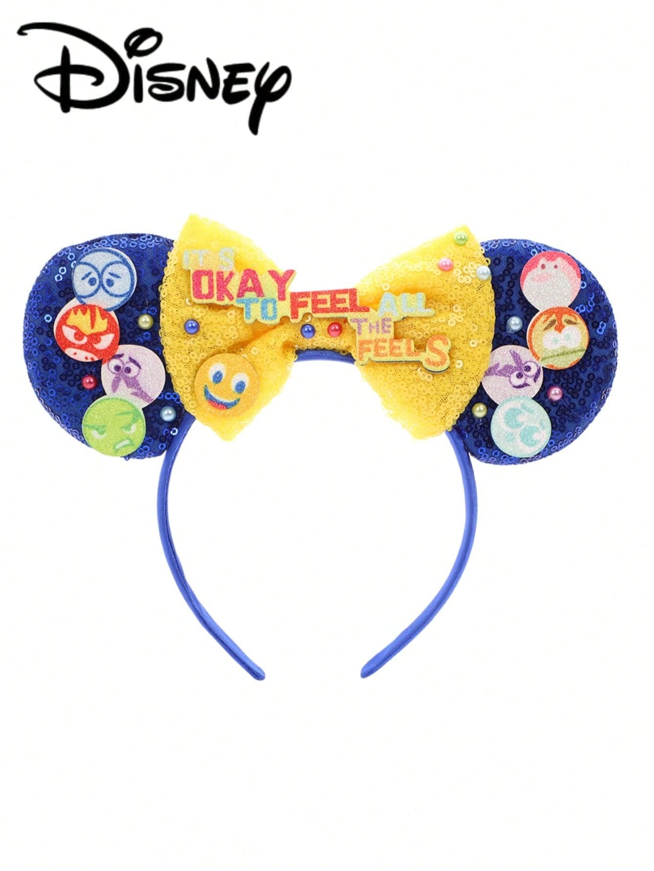 1pc Disney Cartoon Sequin Yellow + Blue Amusement Park Theme Series Mickey Minnie Ears Sequin Bow Headband, Stage Performance Costume Hair Accessory, Holiday Party Birthday Party Theme Mickey Headband, Suitable For Holiday Parties