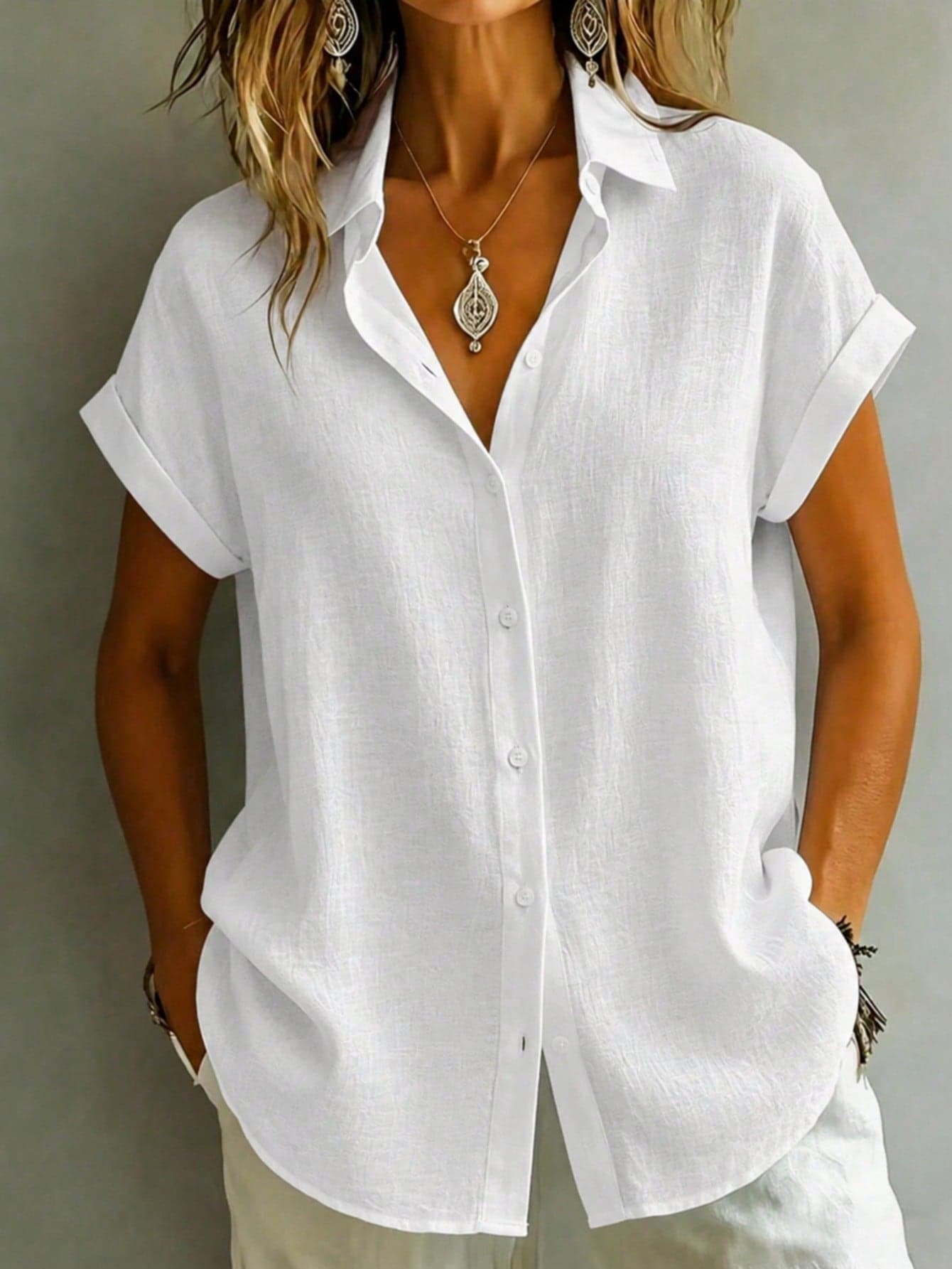 White Casual Women's Short Sleeve Loose Shirt, Made Of Breathable Crinkle Fabric, Suitable For Daily And Holiday Wear Summer