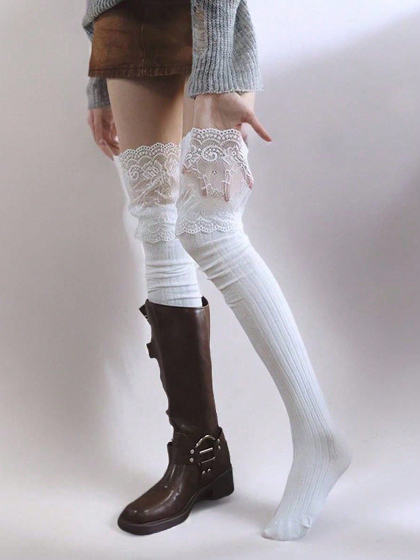 1pair White Lace Trim Vertical Stripe Thigh High Socks, Japanese School Style, Y2k, Cozy