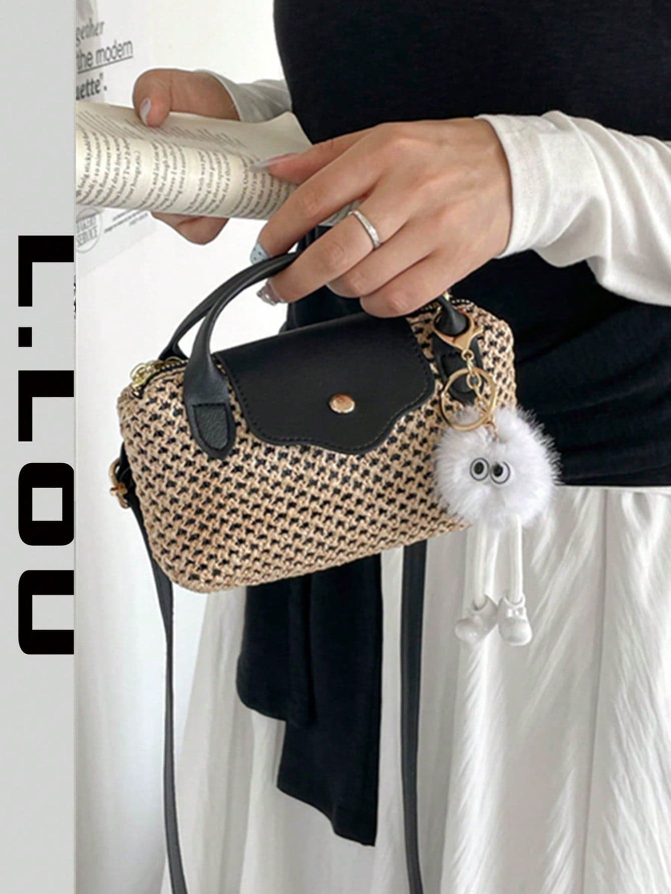 Plush Pendant Decor, Double Hand Carry Bag, Women's Fabric & Straw Woven Mini Crossbody Bag, Patchwork Colorblock Simple Design, Magnetic Closure Dumpling Bag, Casual Cute Fashion Women's Bag