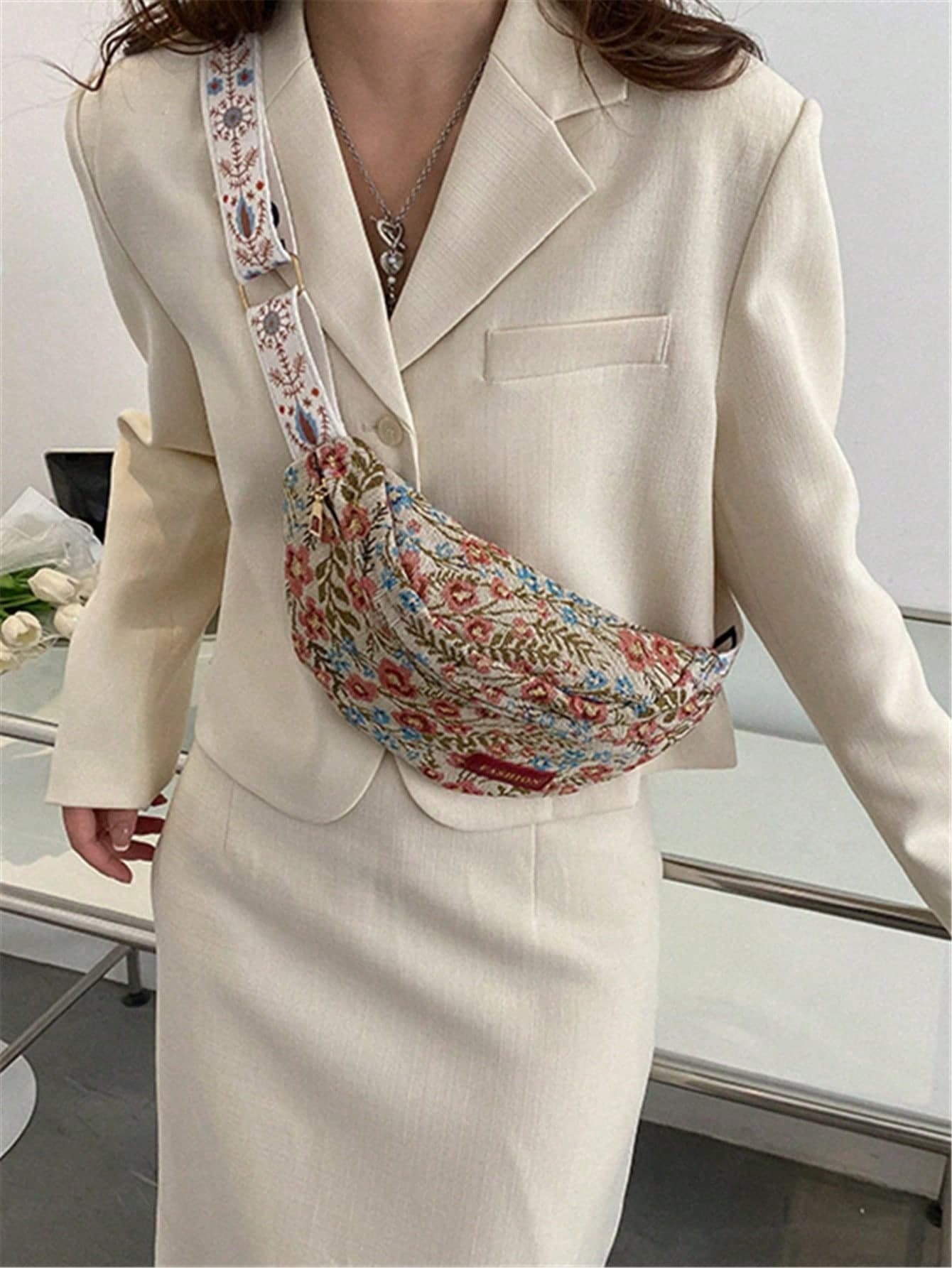 Jacquard Fabric Small Bag. Women's Bag New Fashion Niche Retro Wide Strap Crossbody Bag. Chest Bag Waist Bag
