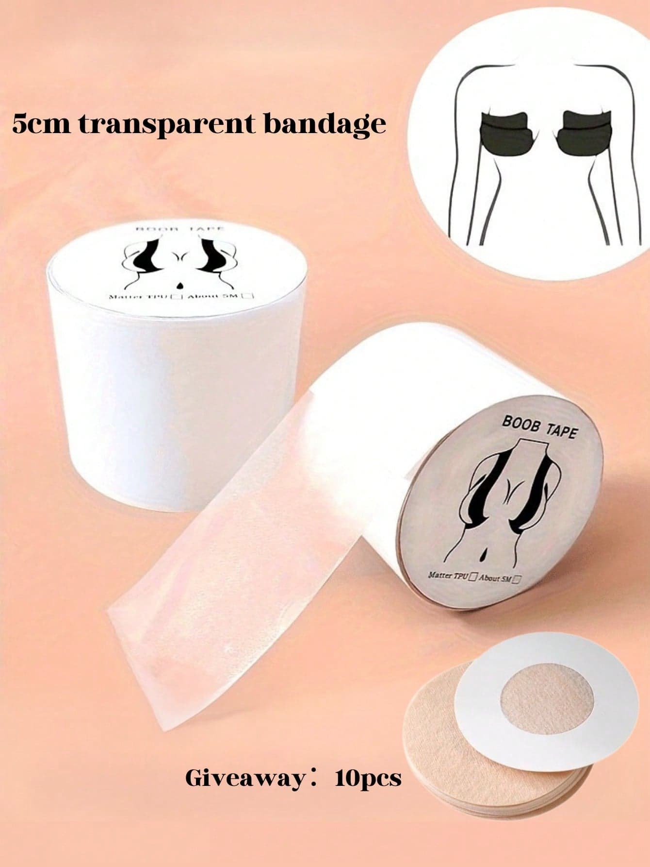 1 Roll Of Transparent Bandage 5 Meters Long+10 Pieces Of Disposable Non-Woven Round Nipple Stickers