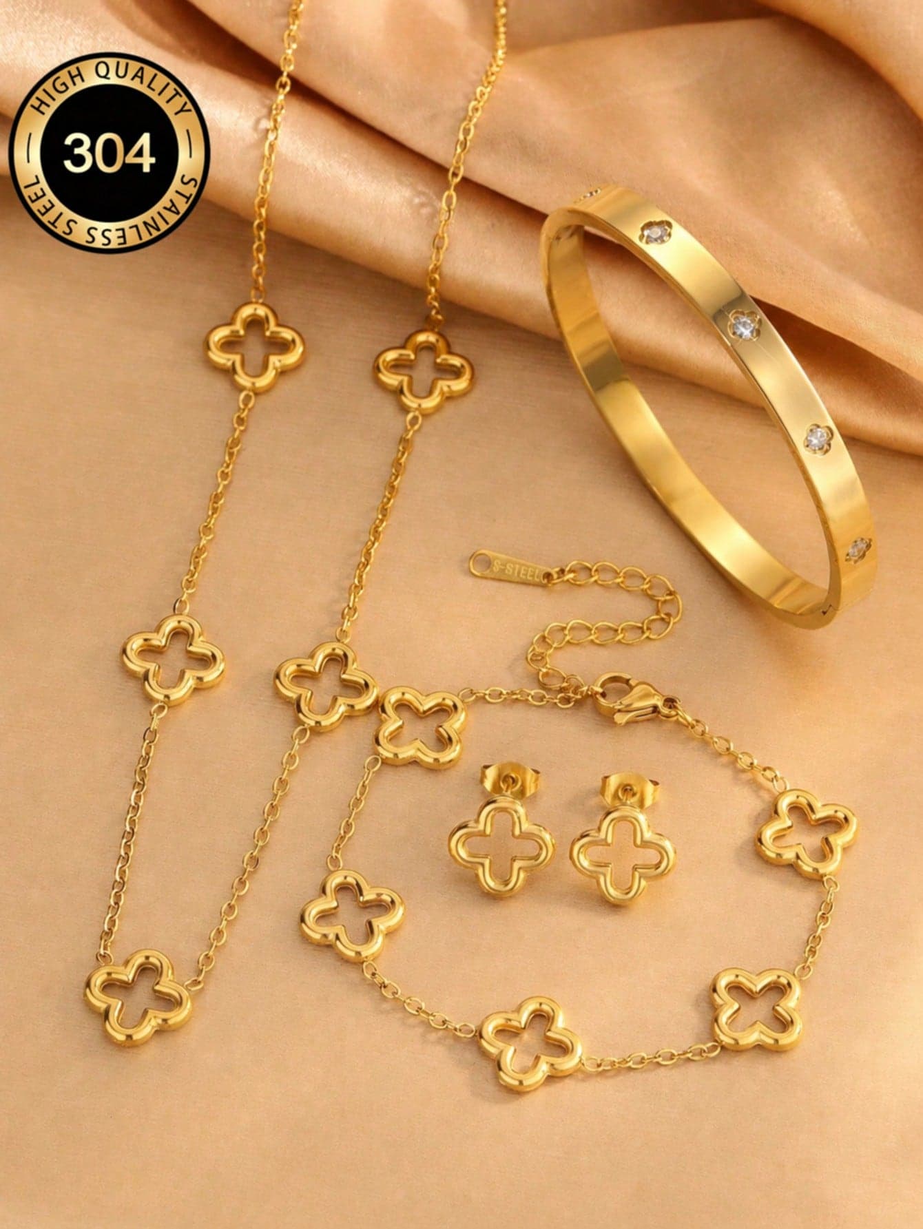VceTd 1 Set Fashion Hollow Clover Decor Stainless Steel Women Jewelry Set Suitable For Women Daily/Vacation Wear Or Holiday Gift For Women
