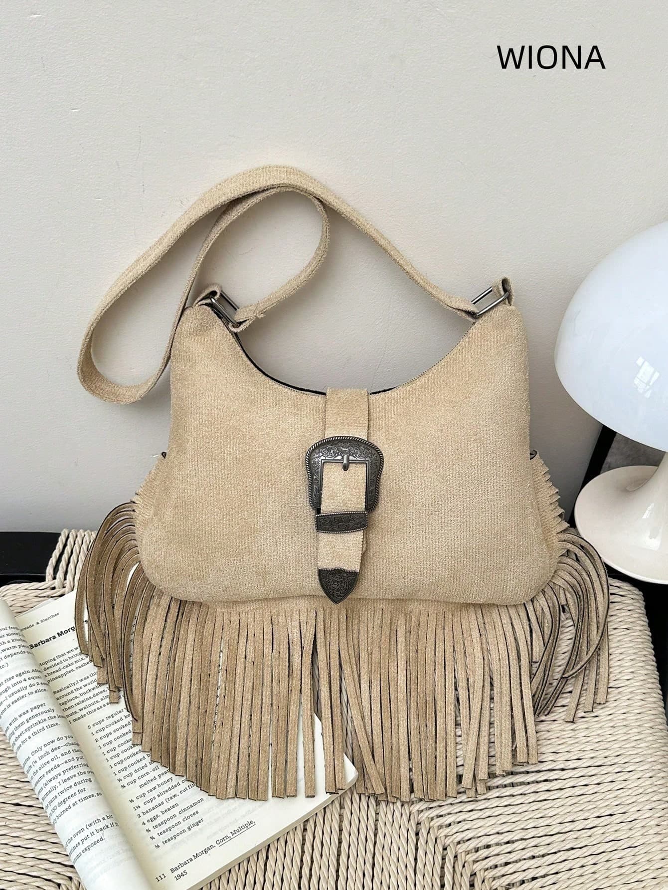 Premium Texture Tassel Shoulder Small Square Bag Vintage Hong Kong Style Leather & Suede Crossbody Bag
