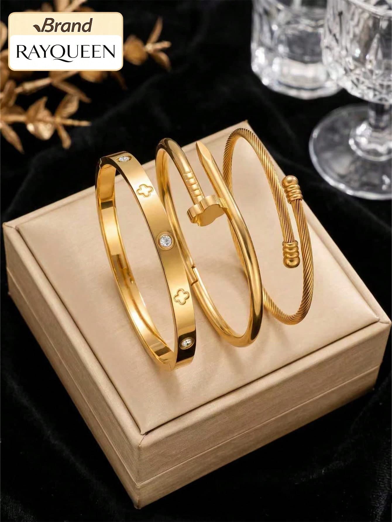 RAYQUEEN 3pcs/Set Fashion Stainless Steel High Quality Flower Zirconia Women's Stud Bangle Jewelry Set, Suitable For Daily Wear