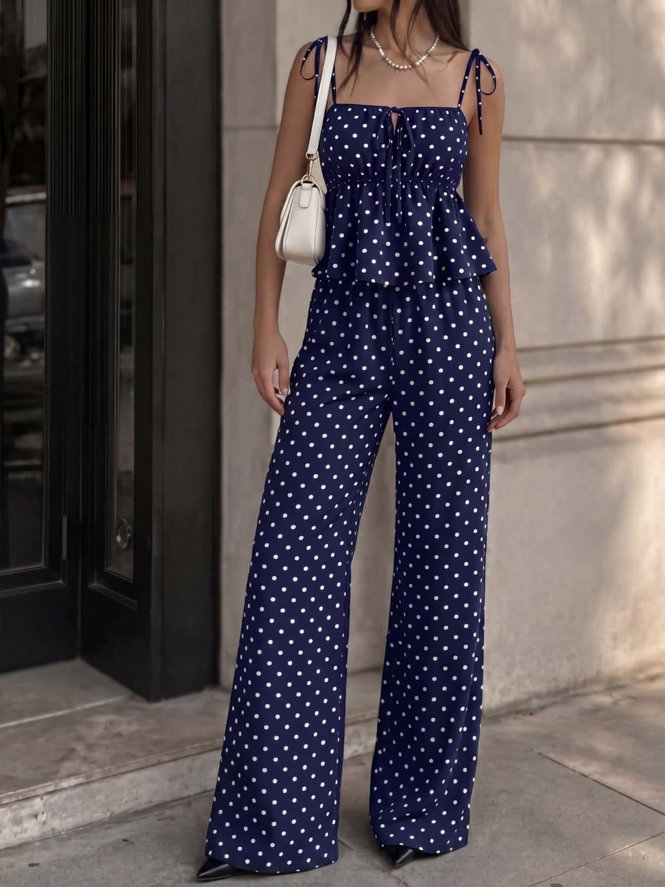 Polka Dot Linen Wide Leg 2 Piece Set Square Neck Cami Top Pants Italian Summer Beach Vacation Brunch Date Night Going Out Aesthetic