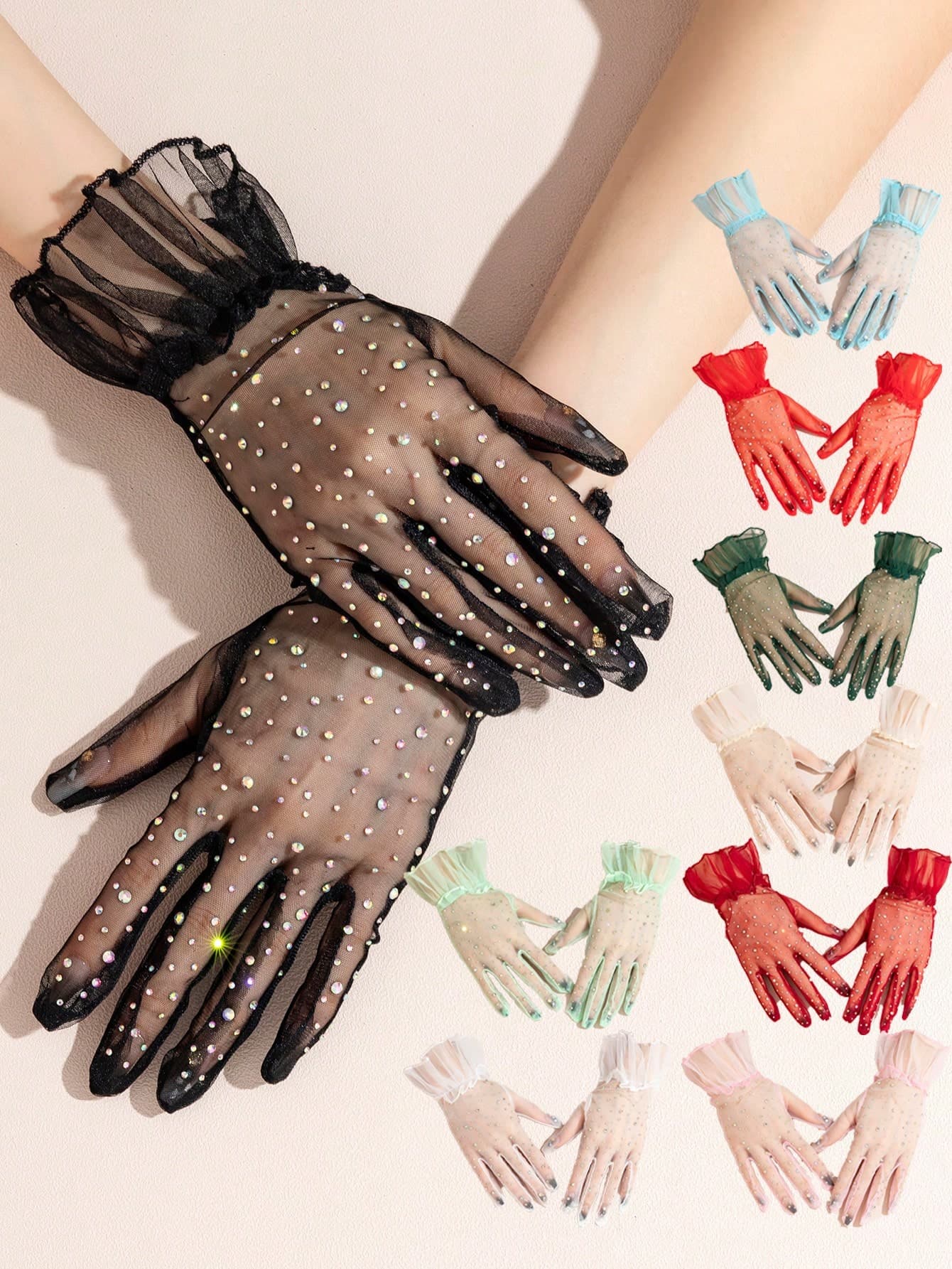 1 Pair Women's Sheer Mesh Rhinestone Decorated Cuff Ruffle Lace Gloves, Elegant Glamorous Style For Party, Evening Banquet, Performance, Solid Color Polka Dot