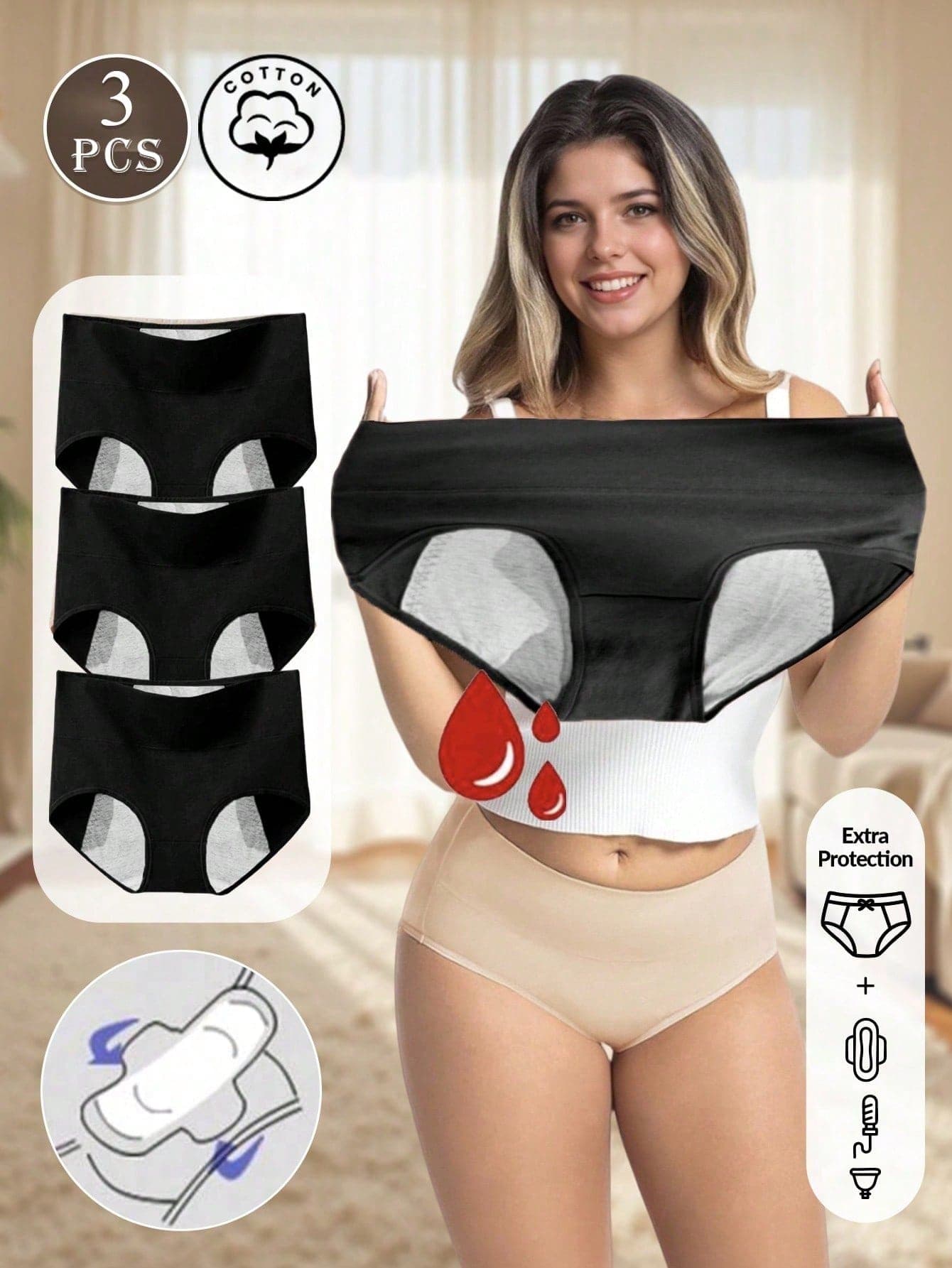 3pcs/Pack Women's Cotton High Waist Period Panties - Solid Color High Waist Period Panties, Full Coverage High Waist Plus Size Triangle Panties