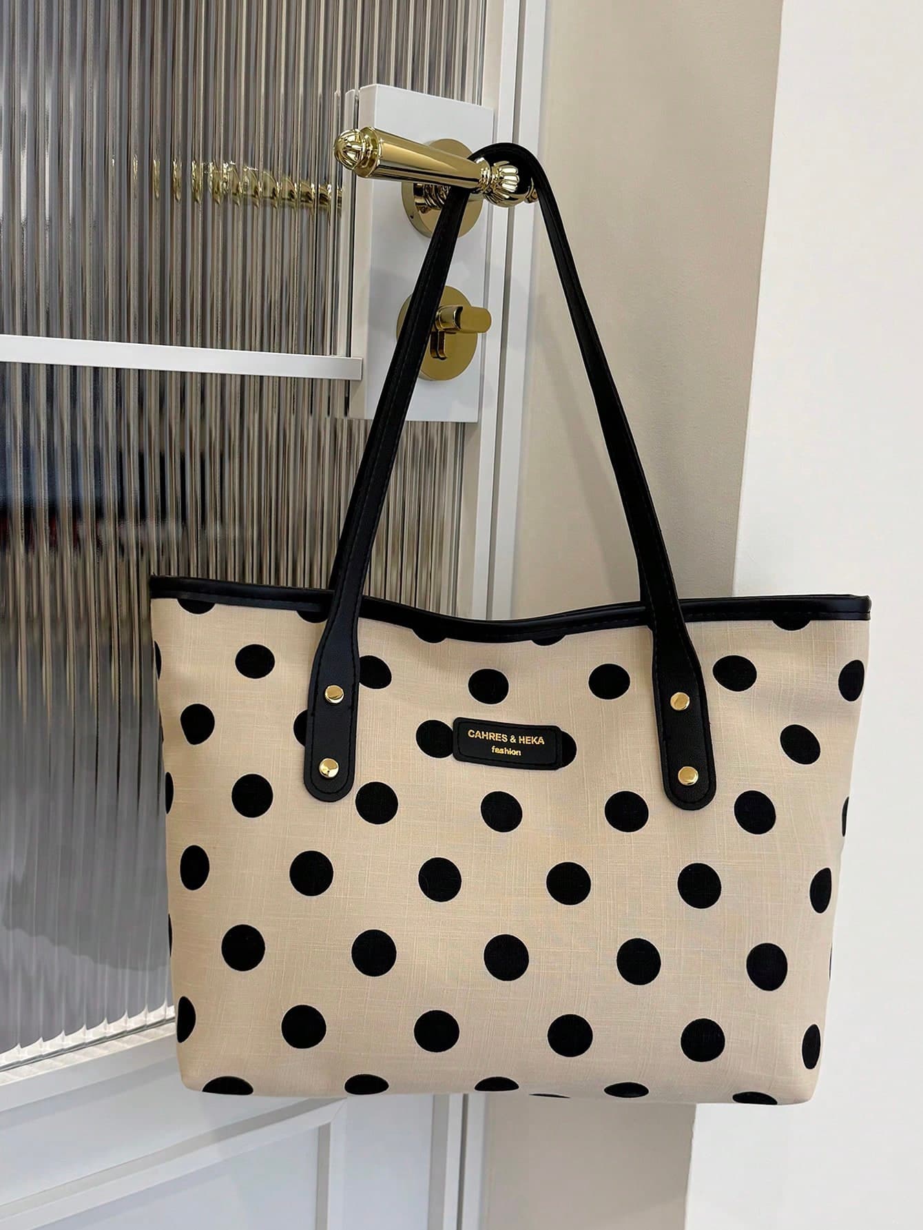 1pc Light Khaki Nylon Fabric Smooth Zipper Rivet Inlaid Letter Logo Decor Polka Dot Print Fashion Versatile Casual Minimalist Summer New Chic Niche Large Capacity Shoulder Tote Bag For Women Daily Use