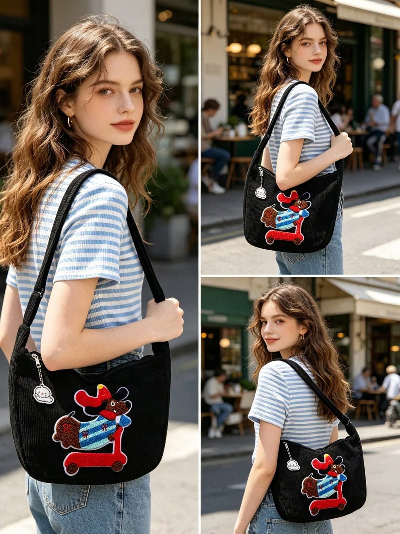 Cartoon Skateboard Dachshund Dog Towel Embroidery Corduroy Fabric Artistic Shoulder Crossbody Underarm Large Capacity Women's Bag, Casual Tote Bag, Dumpling Bag, Crossbody Bag. Comes With Adjustable Shoulder Strap, Can Hold Laptop, Phone, Wallet, Cosmetics And Books. Suitable For Daily Commute, Shopping, Dating, Travel, Vacation, Fitness Exercise, Simple Fashion Versatile. Ideal For Students, Office Workers, Teachers, Moms, Best Friends, Graduation Season, Back To School, Teacher's Day, Birthday, Anniversary, Holiday And Celebration Occasions Gift Choice.