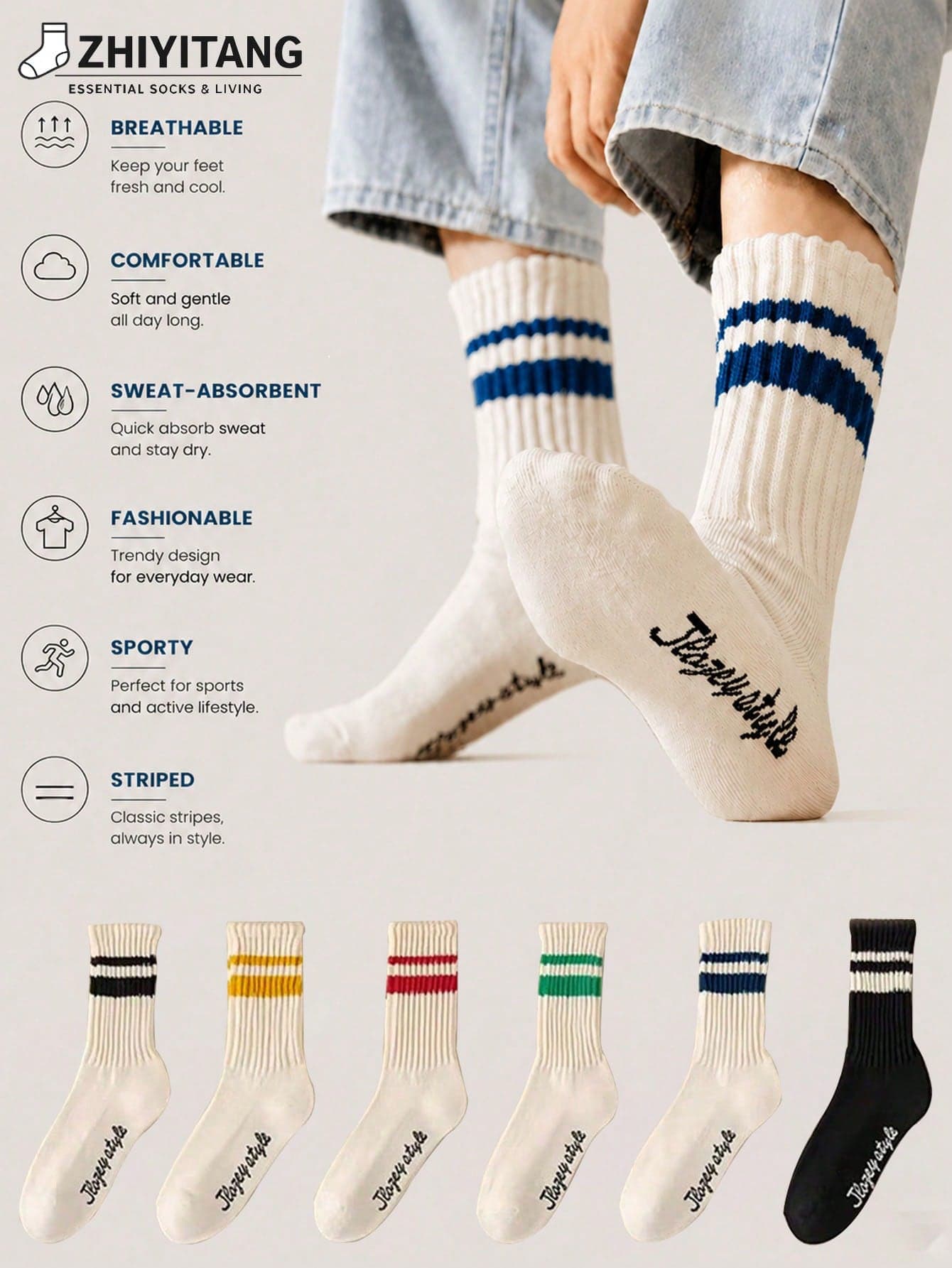 ZHIYITANG Random 1 Pair/5 Pairs Randomly Shipped Men's Mid-Calf Socks, Ins Sports Socks, Sweat-Absorbing Breathable Long Socks, Striped Letter Japanese Street Style Slouch Socks, Suitable For Daily Use
