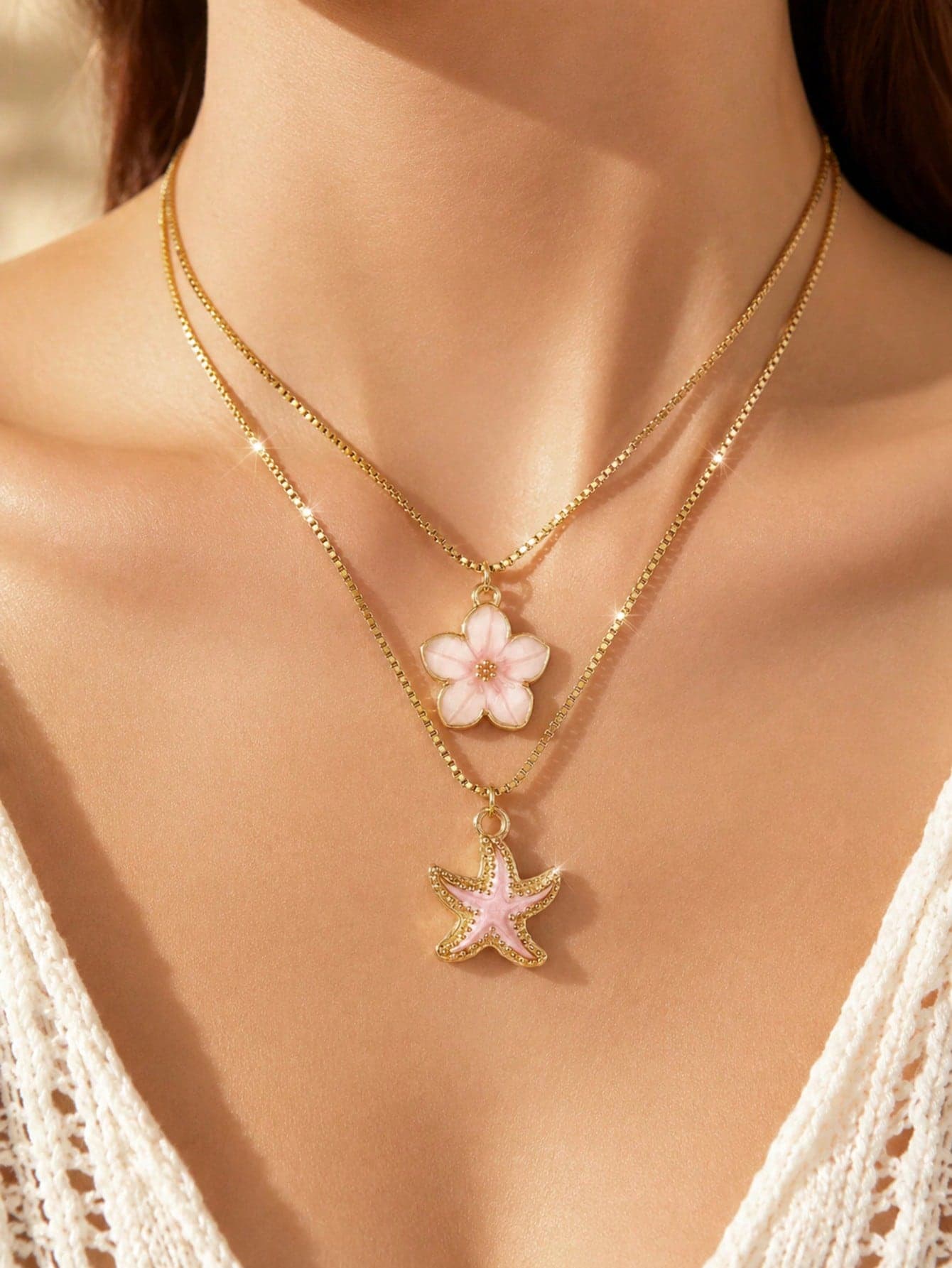 2pcs/Set Exquisite Fashion Sweet Flower & Starfish Pendant Stainless Steel Collarbone Necklace Women's Summer Beach Vacation Travel Jewelry Accessories