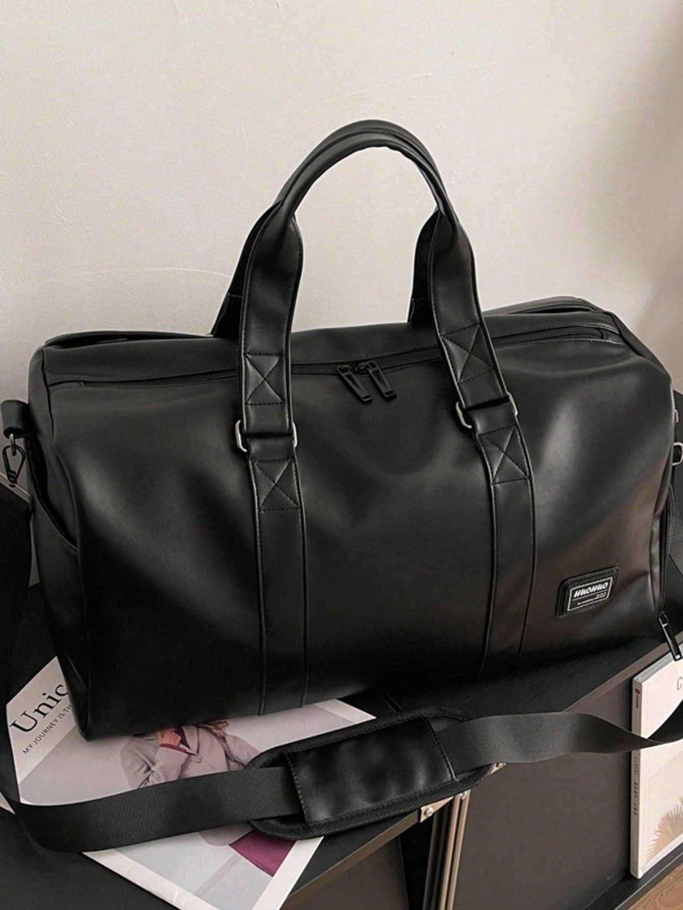 Unisex Duffle Bag, Solid Black Faux Leather Travel Weekender Bag, Large Capacity Shoe Compartment, For Gym Business Trip Overnight