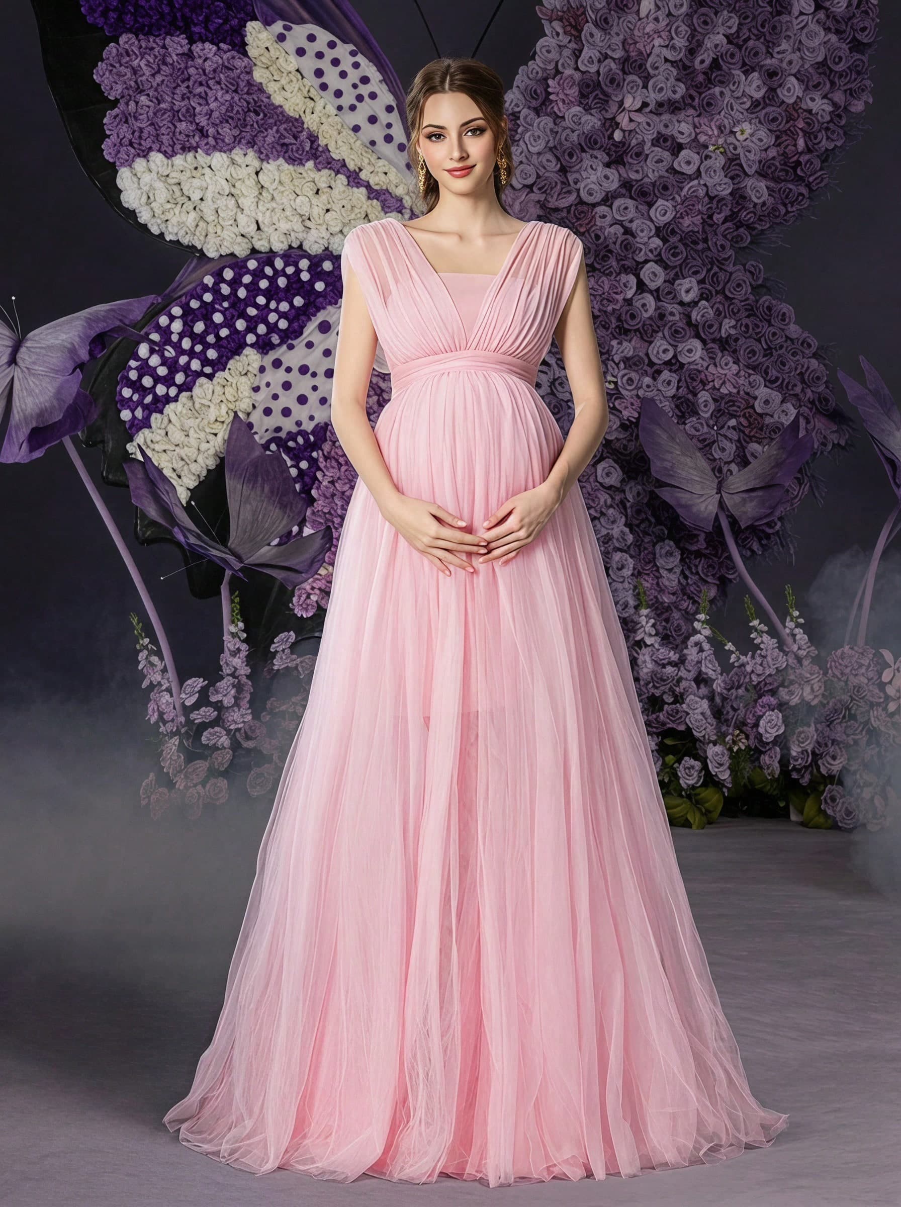 Irresista Maternity Sleeveless Open Shoulder Maxi Dress With Tulle Skirt – Chiffon Fabric For Spring/Summer Baby Showers & Maternity Photoshoots Pink Elegant