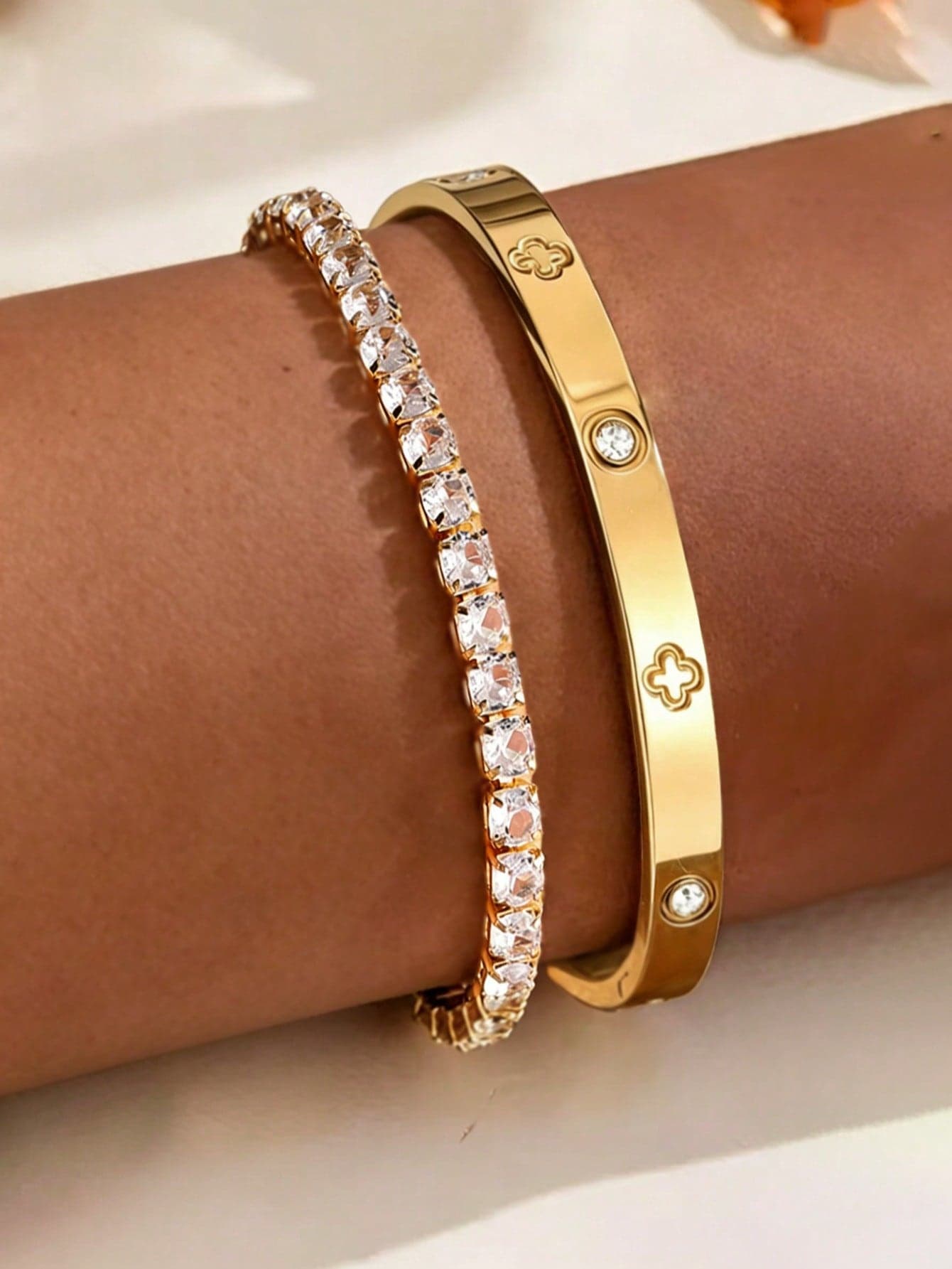 2pcs/1pc Fashion Stainless Steel Clover Zirconia Crystal Bracelet Set, Women's Jewelry Set, Suitable For Elegant Daily Wear And Party, Ideal Gift