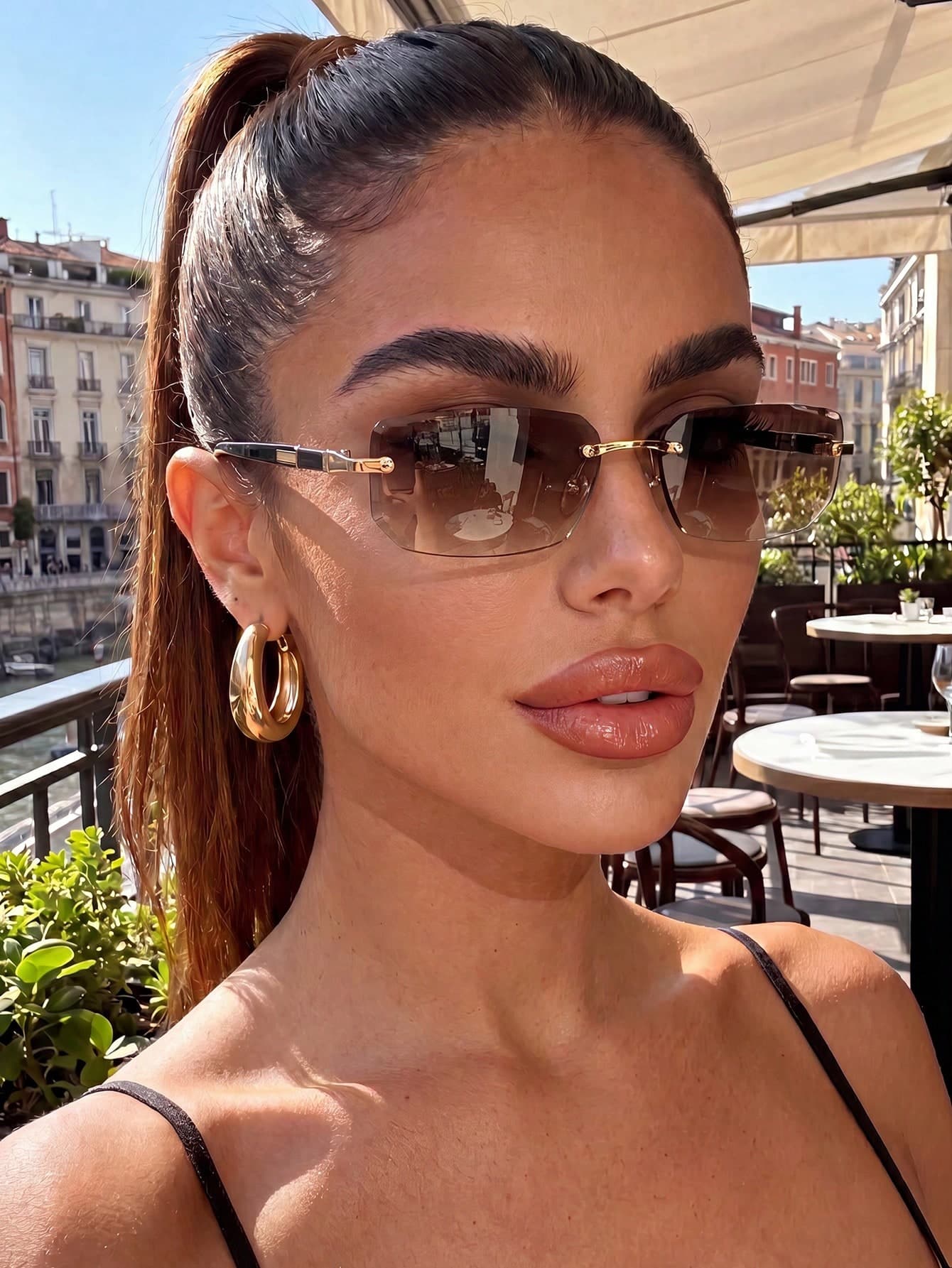 1 Pair Unisex Rimless Polygon Brown Sunglasses, UV Protection Sunshade Fashion Sunglasses, Suitable For Elegant Outfit, Travel, Sports Style, Driving, Vacation Outfit, Beach, Music Festival, Outing, Summer Accessory, Vacation, Family Trip, Fishing, Holiday, Sun Protection, Vacation