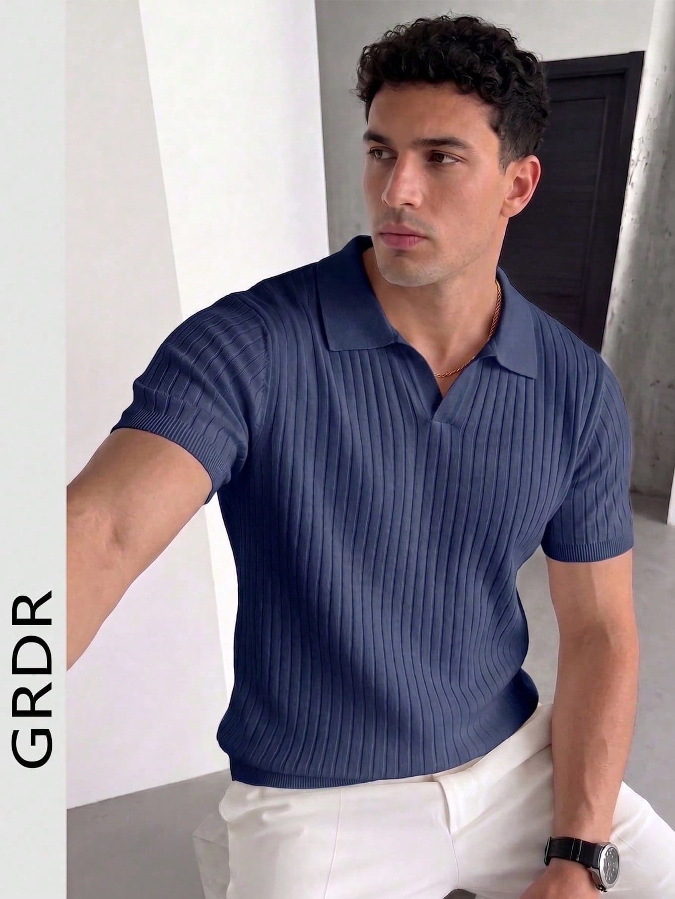 GRDR Men's Summer Knit Sweater, Fashion Ribbed Solid Color Short Sleeve, Suitable For Casual Sports