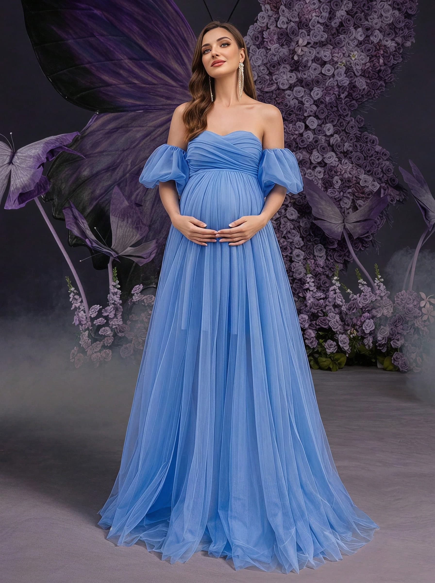 Irresista Maternity Off Shoulder Puff Sleeve Mesh Overlay Elegant Dress, For Party Spring
