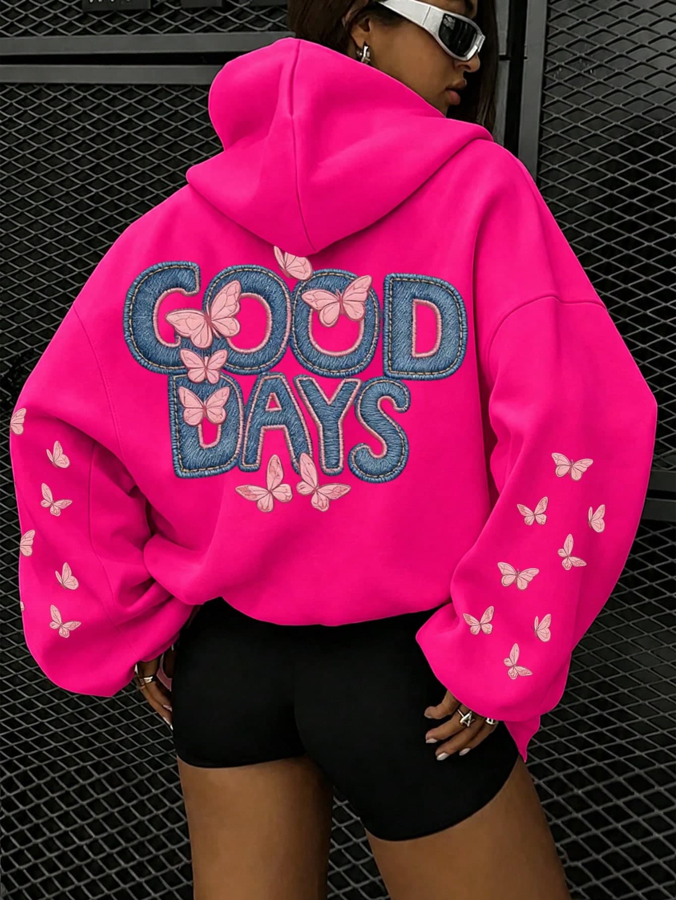 Embroidered Butterfly & Letter Print Sweatshirt, Plus Size Women's Casual Autumn/Winter Long Sleeve Pocket Hooded Sweatshirt, Suitable For Winter Holiday, Beach, Vacation, Autumn, Halloween, Christmas, New Year Outfits. Perfect For Daily Wear, Going Out, Outings, Festivals, Beach, Parties, Birthdays, Gatherings, School, Music Festivals, Vacation, Commuting, Fitness, Weddings, New Year, Fashionable, Winter Tops, Women's Autumn Outfits, Women's Holiday Clothing