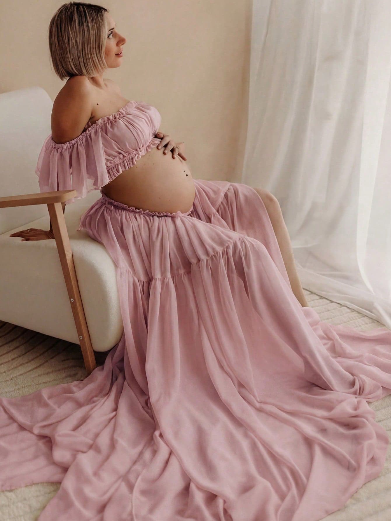 Maternity Sleeveless Ruched Dress, Chiffon Moderate Stretch Ruffle Detail Front Slit Ruched Hem, Maternity Photography Baby Shower Party Dress Pink