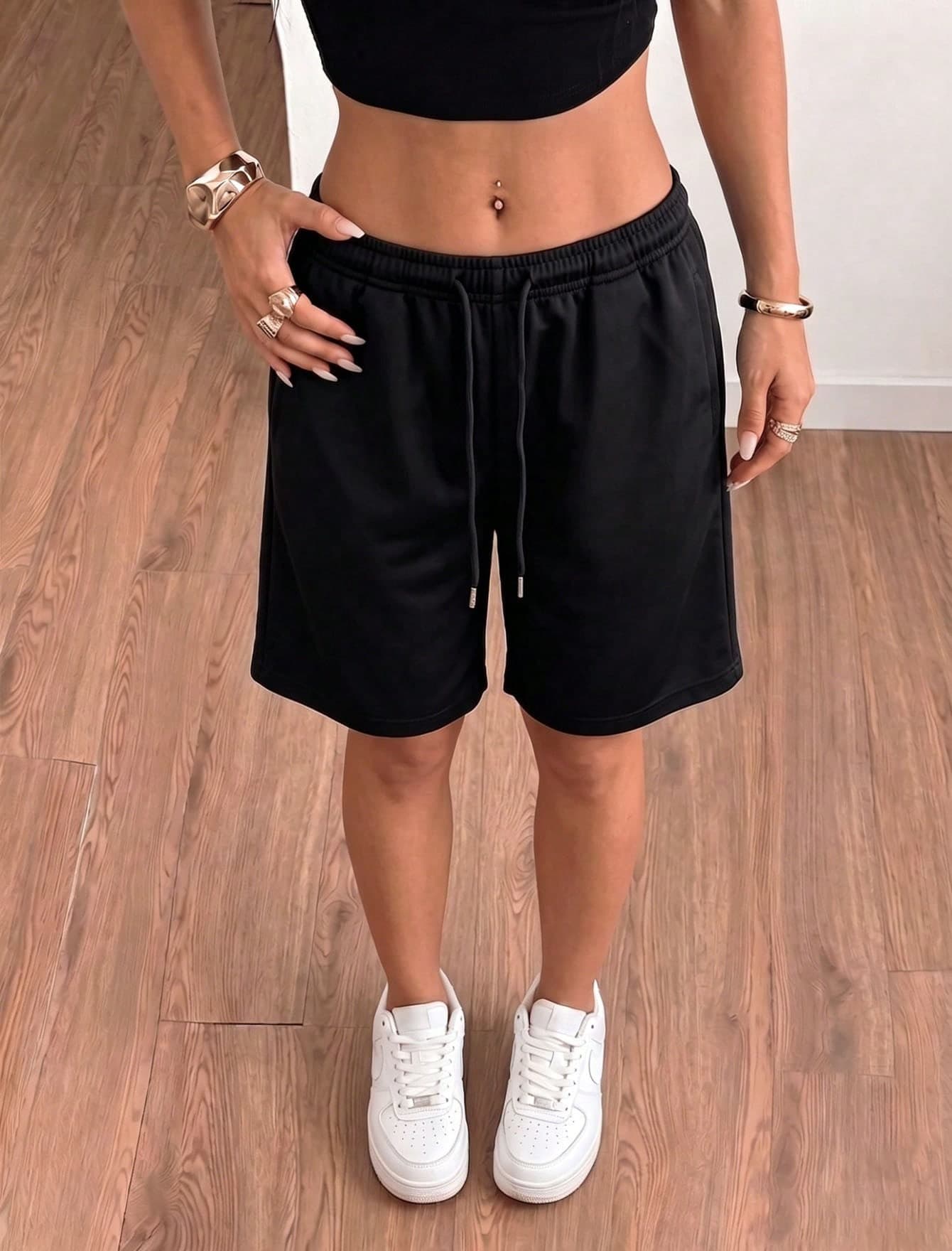 Women's Summer Casual Versatile 5-Point Shorts, Elastic Waist Drawstring Loose Drape Lazy Wide Leg Mid-Length Shorts, Fashionable