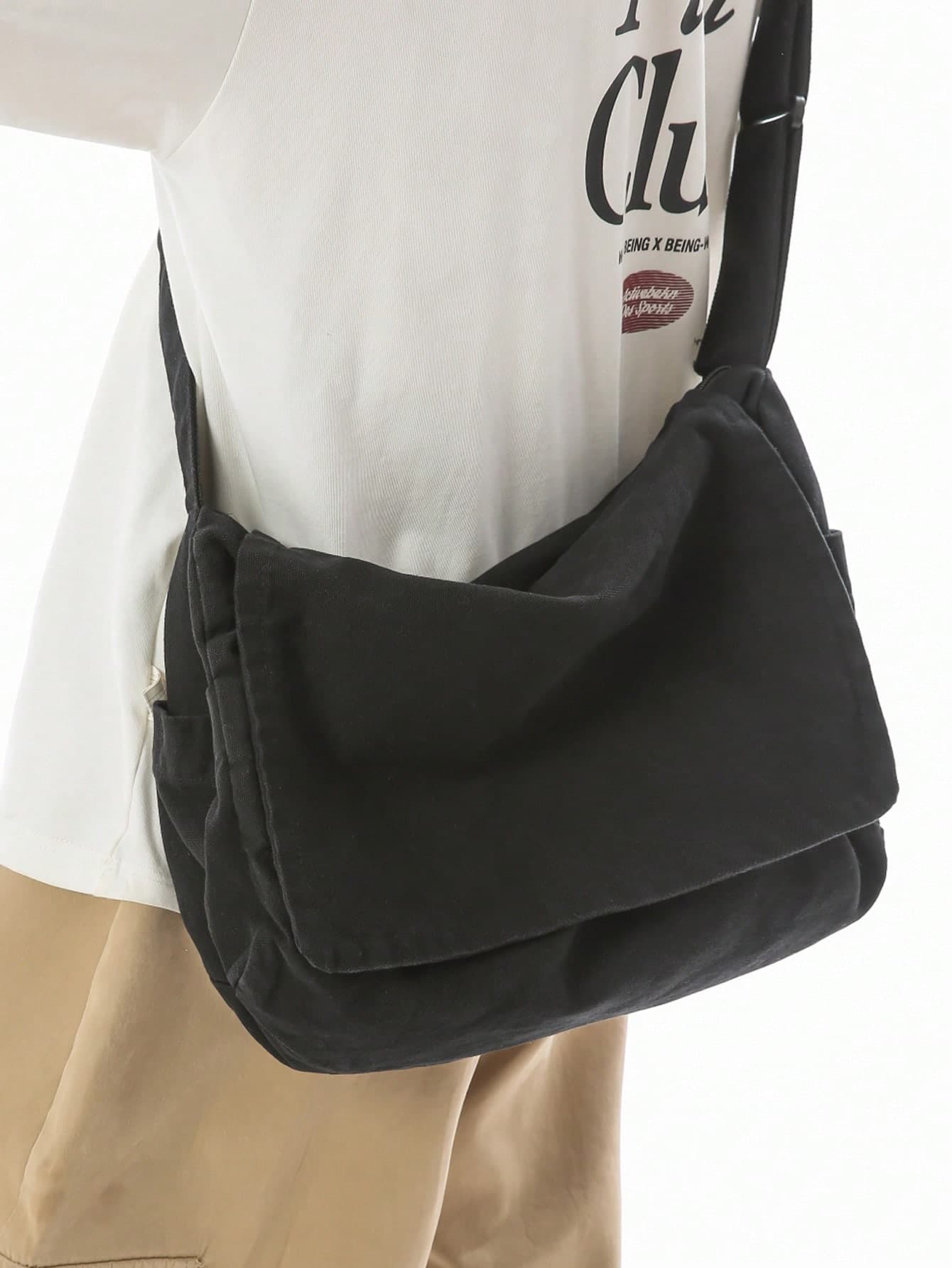 Minimalist Solid Color Versatile Thick Canvas Fabric Crossbody Bag Shoulder Bag Zipper Closure Adjustable Strap