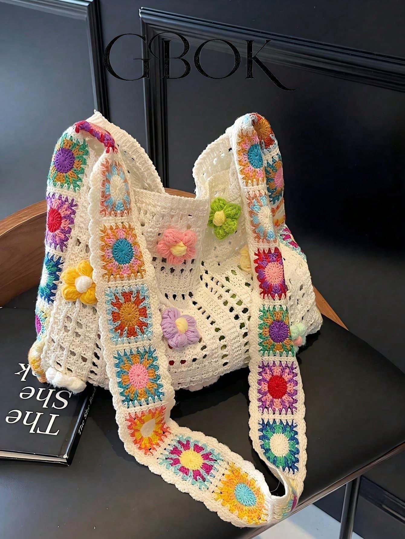 Vintage Hollow Floral Contrast Color Casual Crossbody Bag (Flower Color Position Random)