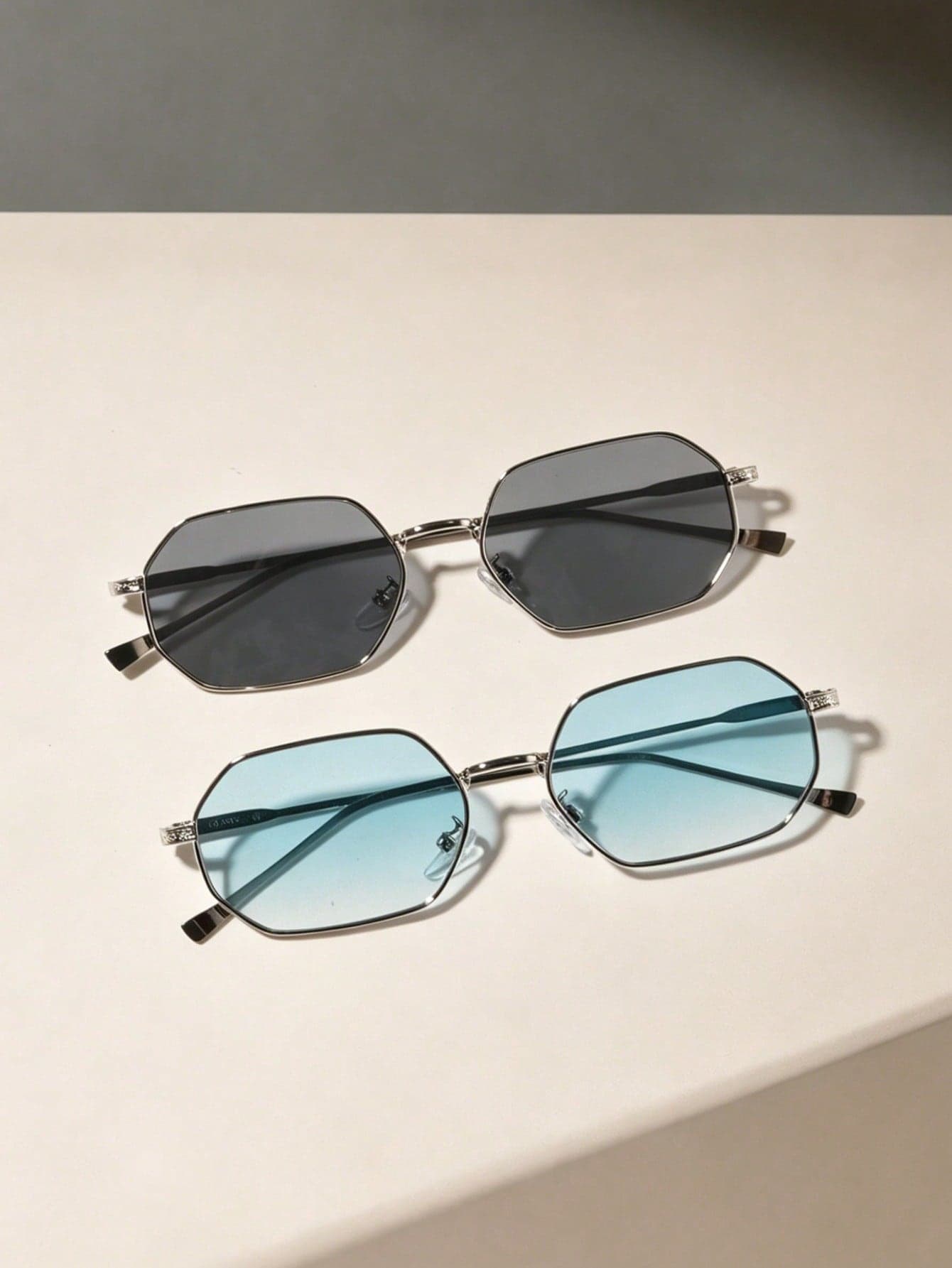 2 Pairs Unisex Shiny Silver Hexagon Metal Fashion Glasses Set, Black And Light Green Gradient Lenses, Light Business Vintage Eyewear, Suitable For Daily Wear, Spring/Summer Holiday Travel