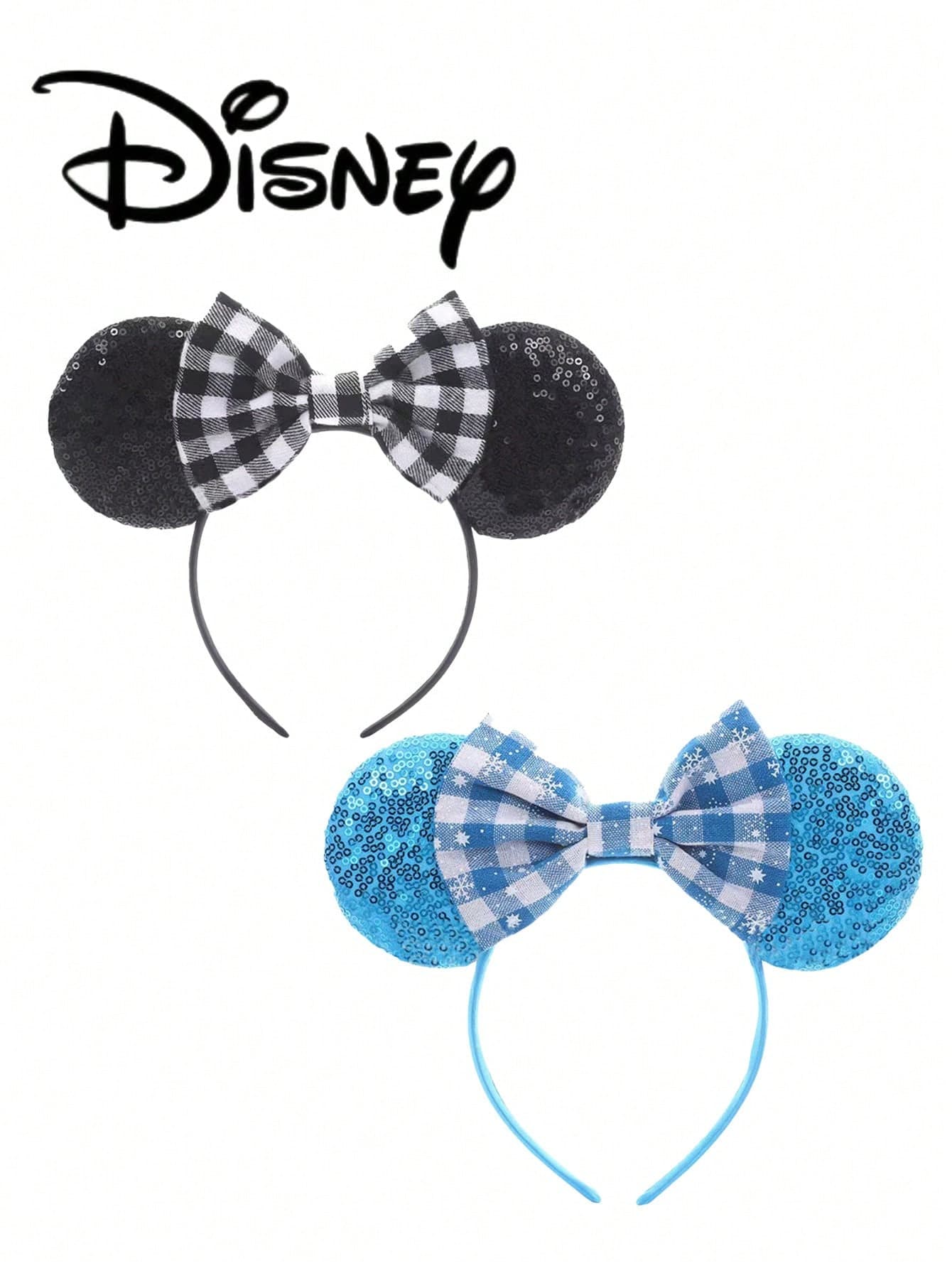 1pc Disney Mickey Black Plaid + Blue Plaid Sequin Headband, Mickey Black Plaid + Blue Plaid Sequin Headband - Holiday Party Headband, Hair Accessory, Fun Photo Prop, Amusement Park Accessory, Suitable For Birthday Party And Valentine's Day Events, With Bow Cute Cartoon Hair Accessory, Princess Costume Accessory, Suitable For Disney Fans