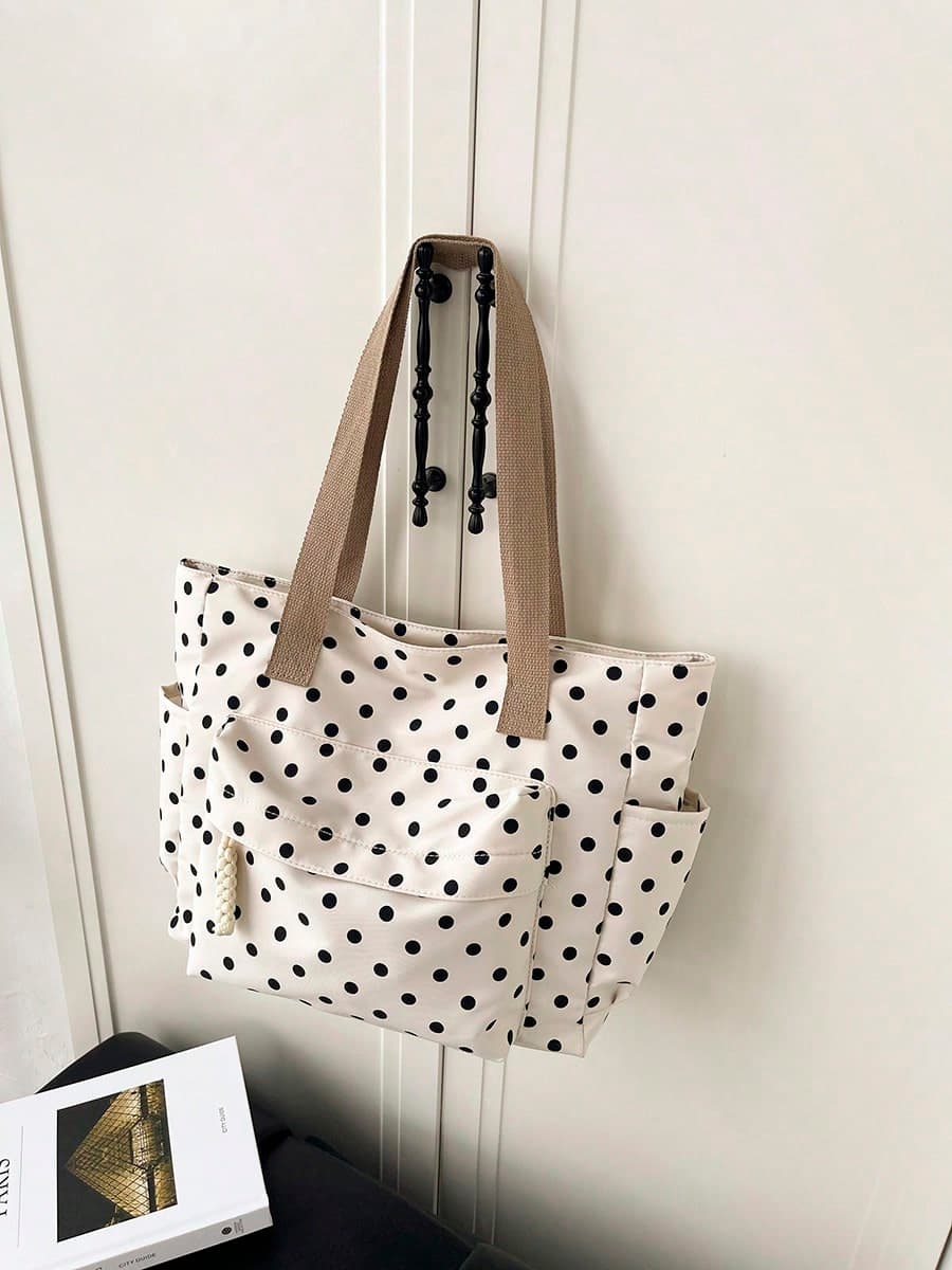 1pc Beige Polka Dot Print Nylon Shoulder Tote Bag, Simple Lightweight Large Capacity Women's Shoulder Bag, College Style Student School Bag With Multiple Pockets, Fabric Bag