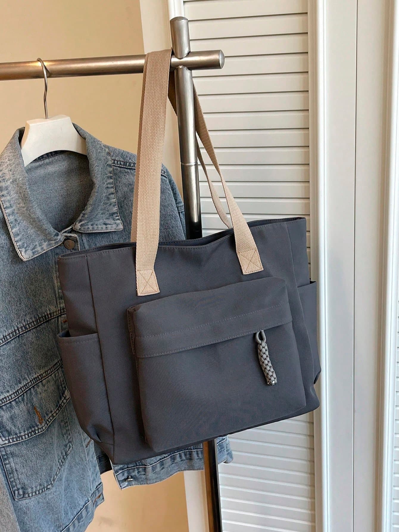 1pc Gray Large Capacity Nylon Shoulder Tote Bag, Minimalist Lightweight Women's Shoulder Bag, College Style Student School Bag With Multiple Pockets, Fabric Bag