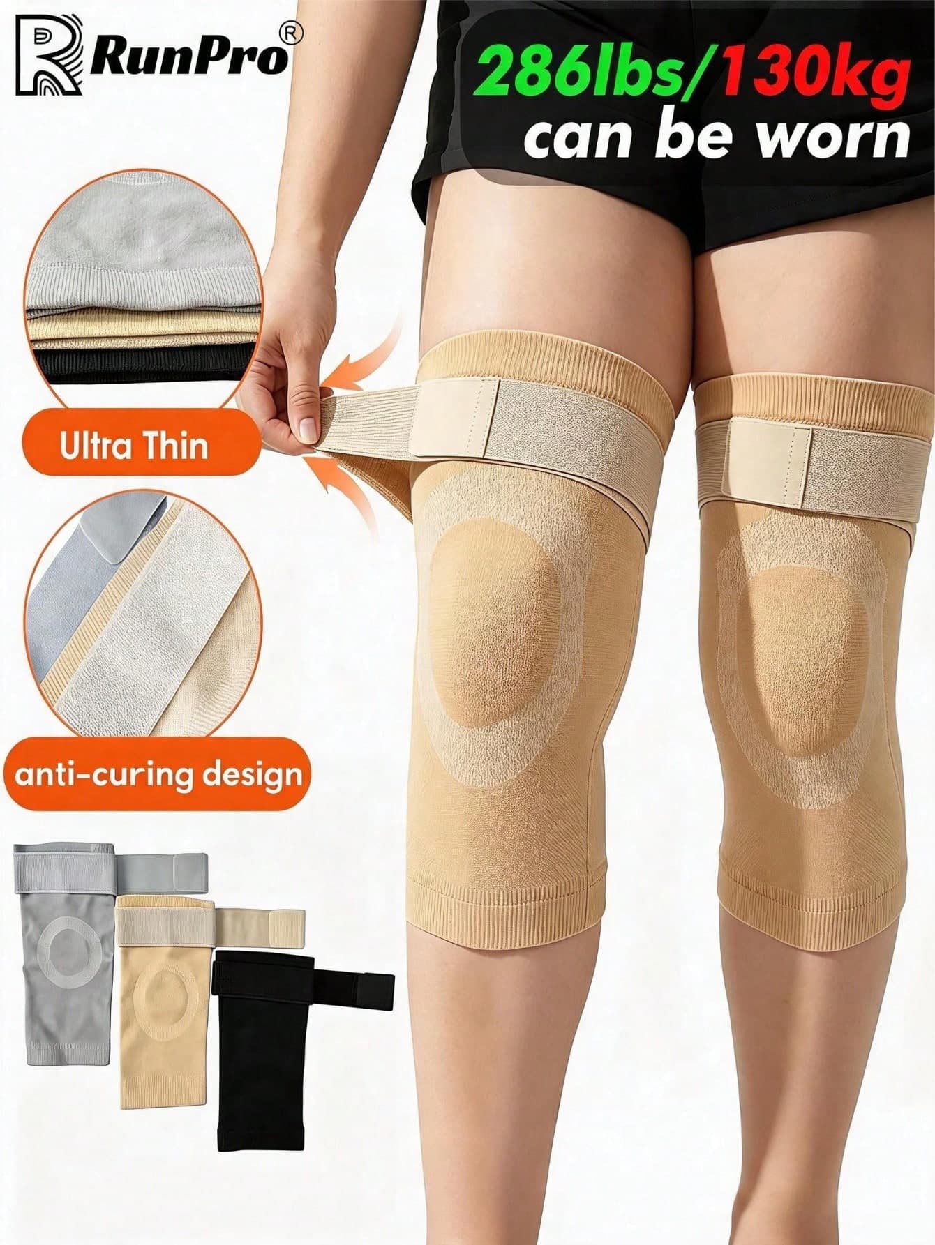 RPPR 2pcs/ 1Pair- Upgraded Extra Large Ultra-Thin Knee Braces With Extended Strap, High Elasticity Compression Knee Sleeves, Men & Women, Plus Size Knee Support For Daily Life, Running, Fitness, Yellow/Gray/Black, Suitable For Weight: 45-130kg/ 99-286lbs
