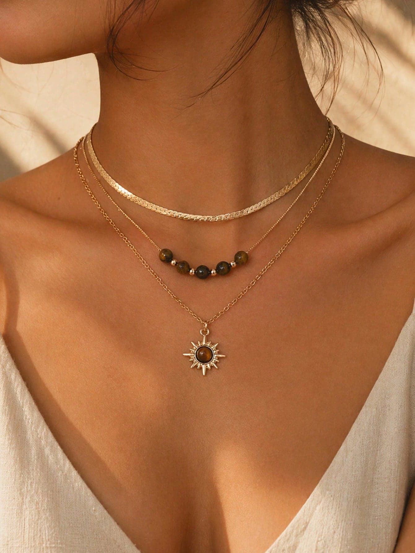 3pcs/Set Niche Premium Sun Tiger Eye Snake Bone Chain Multi-Layer Stacked Necklace, Fashion Vintage Women's Neck Jewelry, Suitable For Daily Wear And Vacation Date