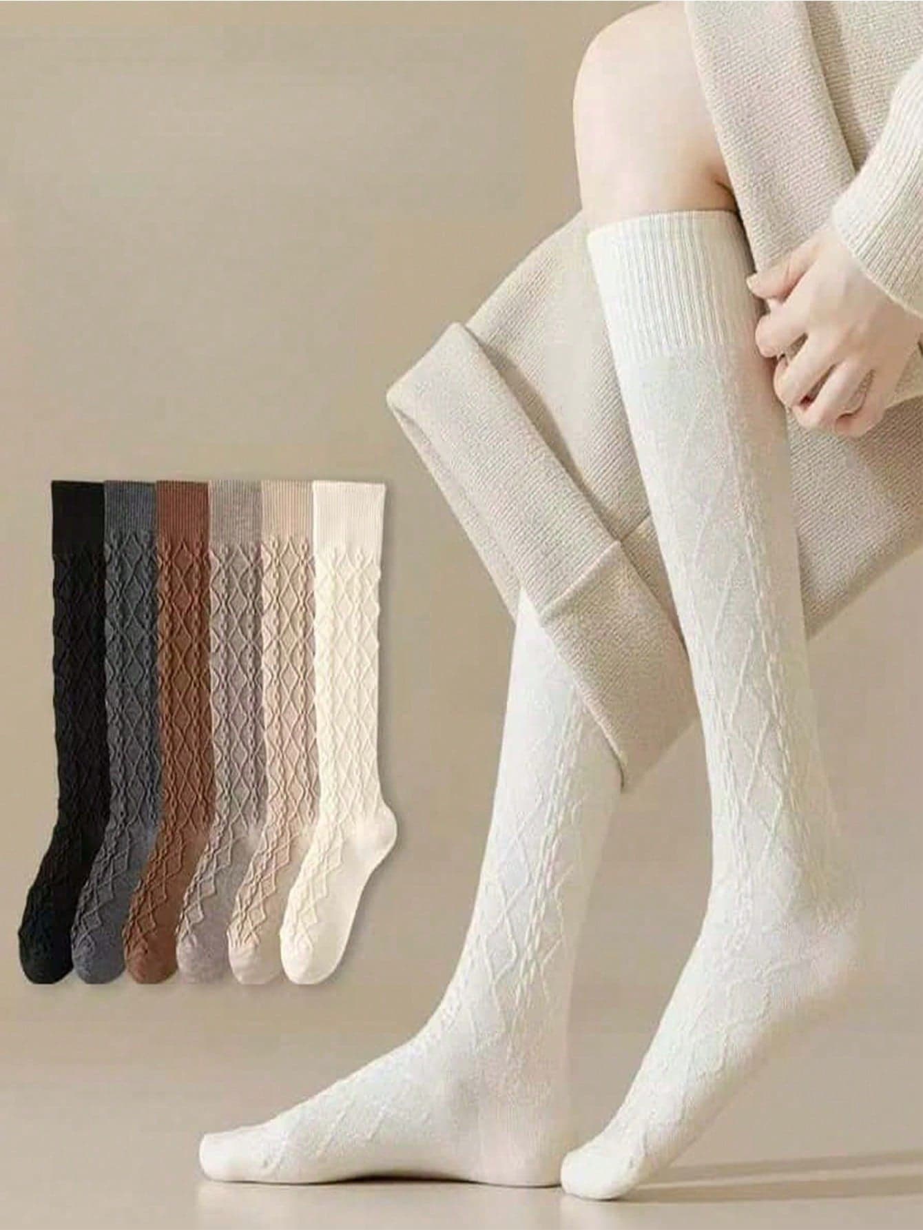 1/2/3/6 Pairs Women's Autumn/Winter Long Socks With Cable Chain Design, Multi-Color Random, Fashionable Versatile Over-The-Knee Socks Suitable For Daily Wear, Students, Beautiful Girls
