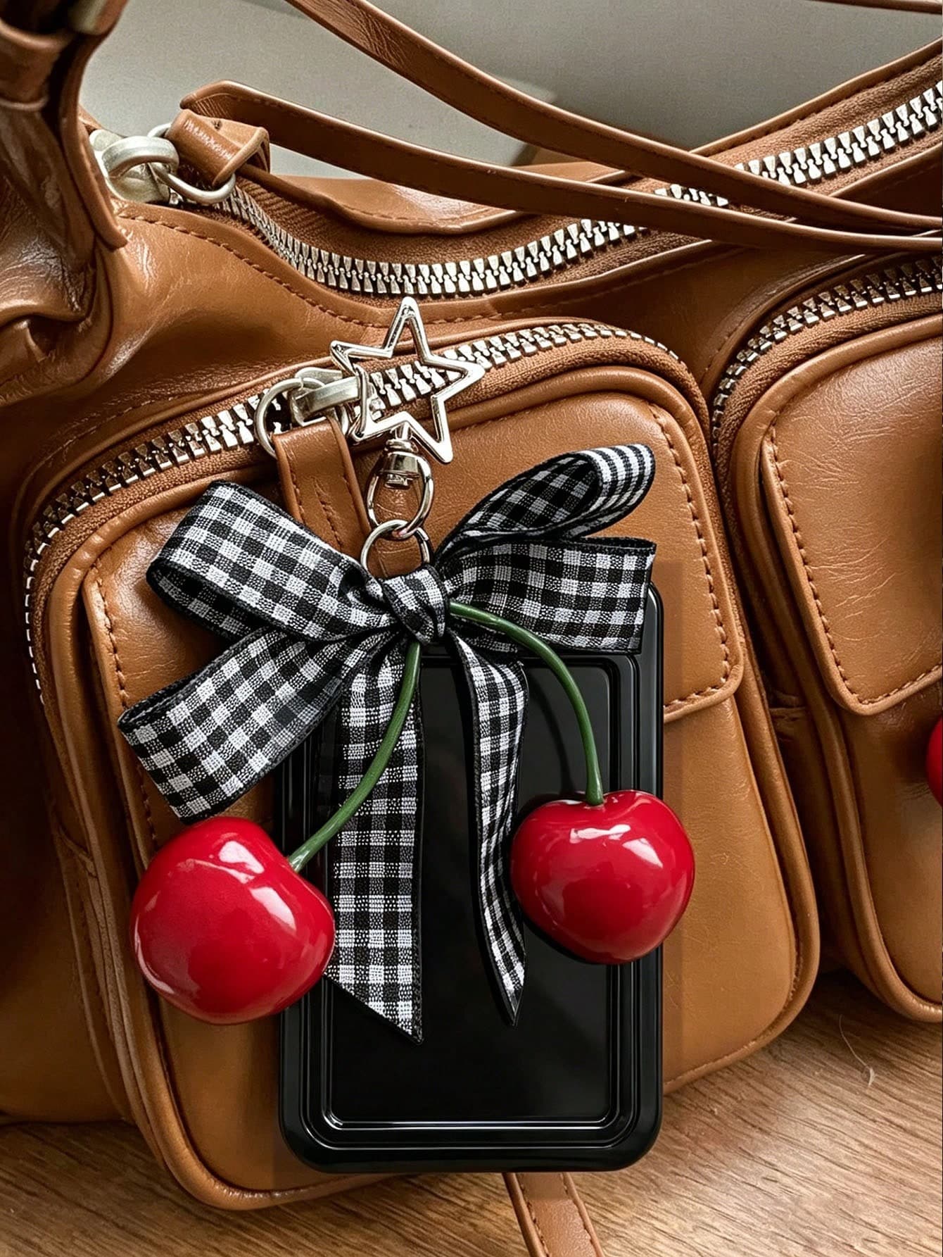 Elegant Cherry & Plaid Bow Acrylic Hard Card Holder, INS Style Bowknot Cherry Bag Charm Keychain With Multi-Color Card Slots, Chic Sweet Girl Style Accessory For Phone Case, Minimalist Bow Design, Sliding Flip Cover, Dual Card Slots, Small Card, Bus Card Holder, Bank Card Holder, Metro Card Storage, Portable Hanging, Adjustable ID Card Holder Keychain, Suitable For Office Workers And Students, Perfect Gift