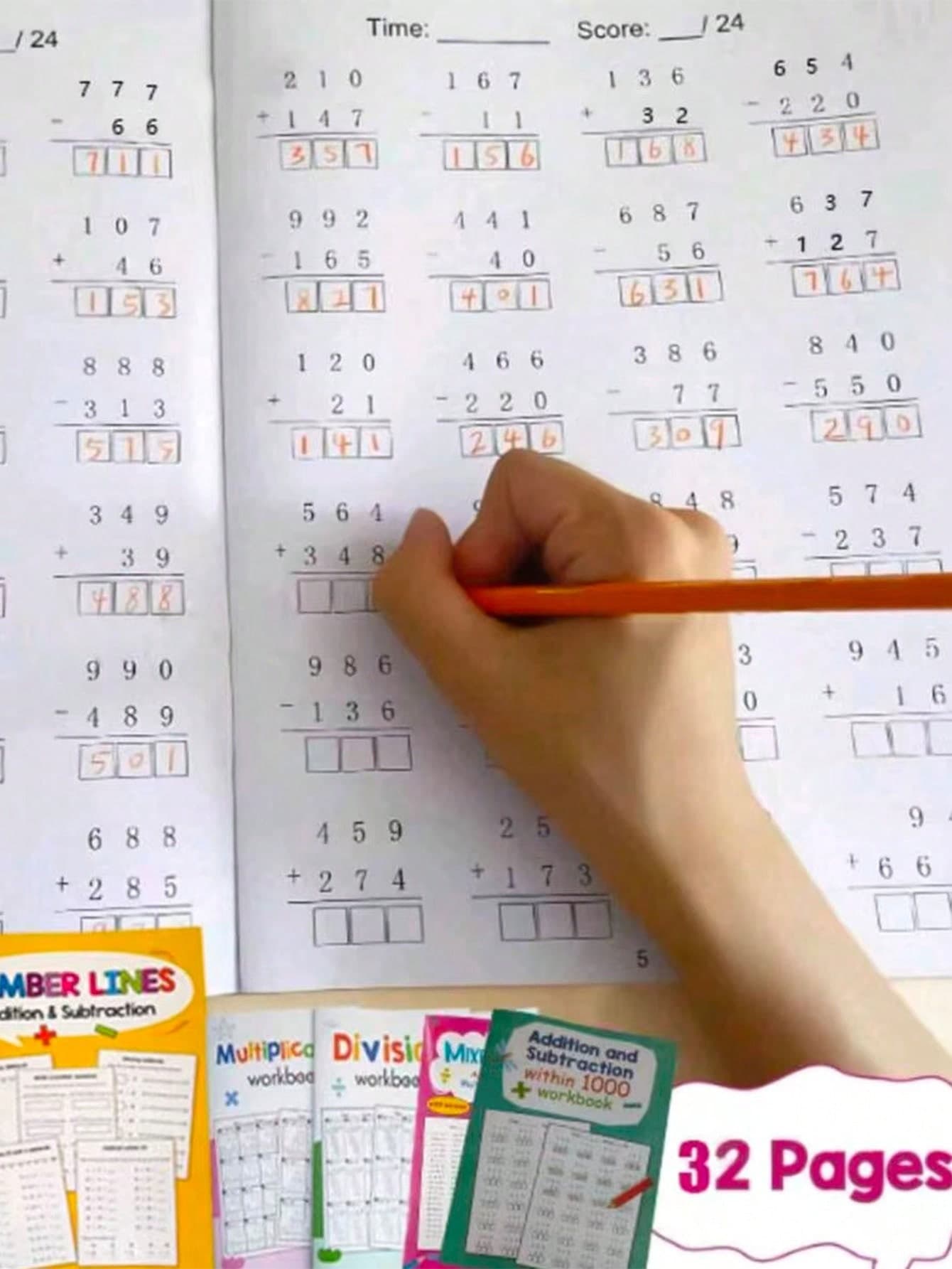 1 Book 32 Pages Addition Subtraction Multiplication Division Practice Book Within 1000, Math Learning Workbook, Math Activity Worksheet