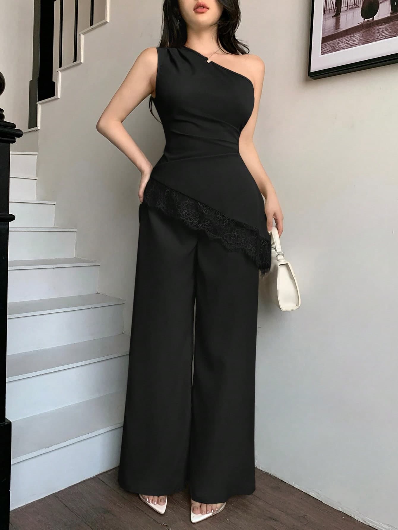abyoxi Women's Pea Green Sleeveless Ruched Waist Lace Patchwork Asymmetric Hem Top With Wide Leg Pants 2-Piece Set, Sexy & Elegant, Suitable For Work Commute