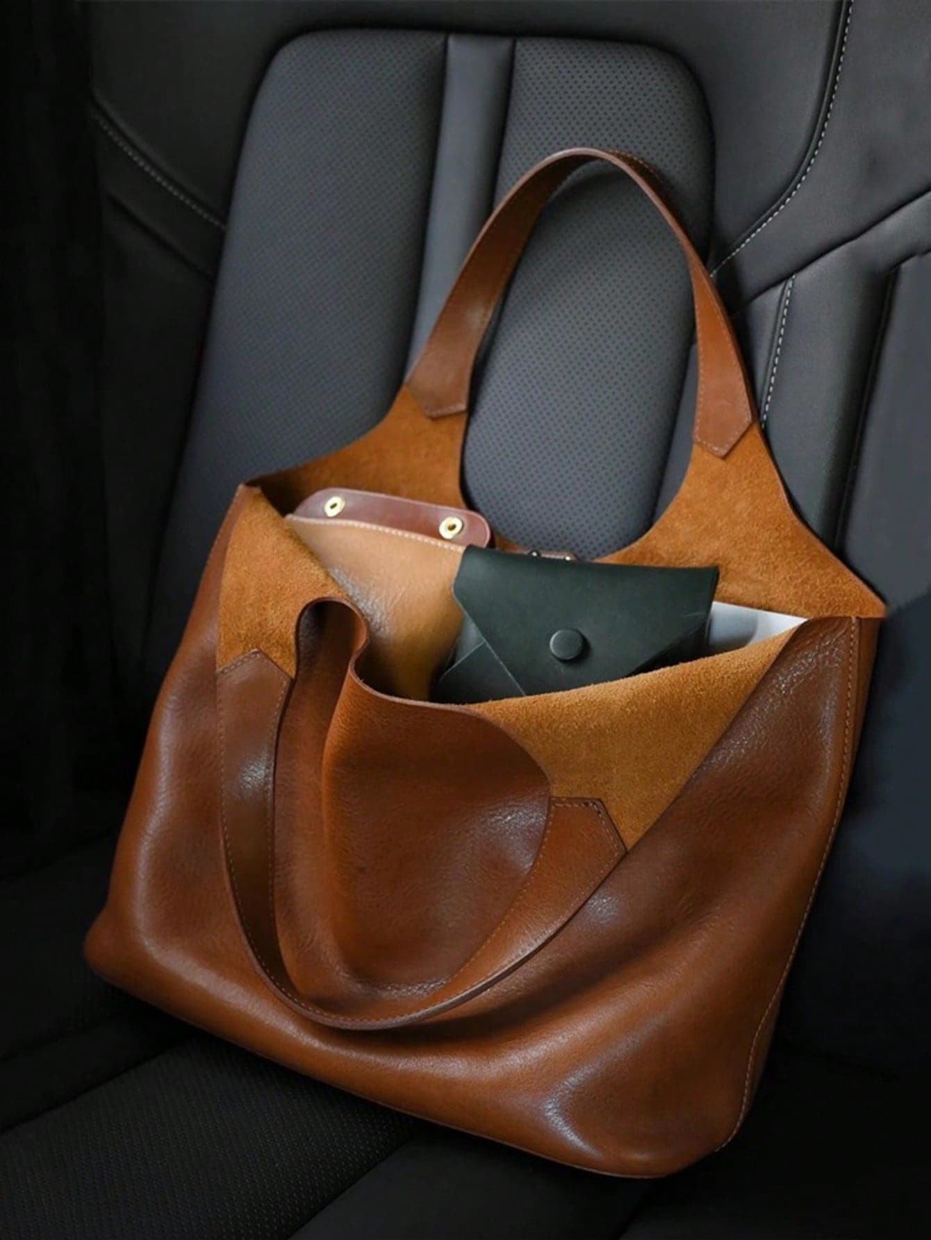 Minimalist Oversized Shoulder Tote Bag, Vintage Brown Soft Texture & Suede Patchwork Faux Leather Large Handbag, Suitable For Office Commute And Daily Shopping