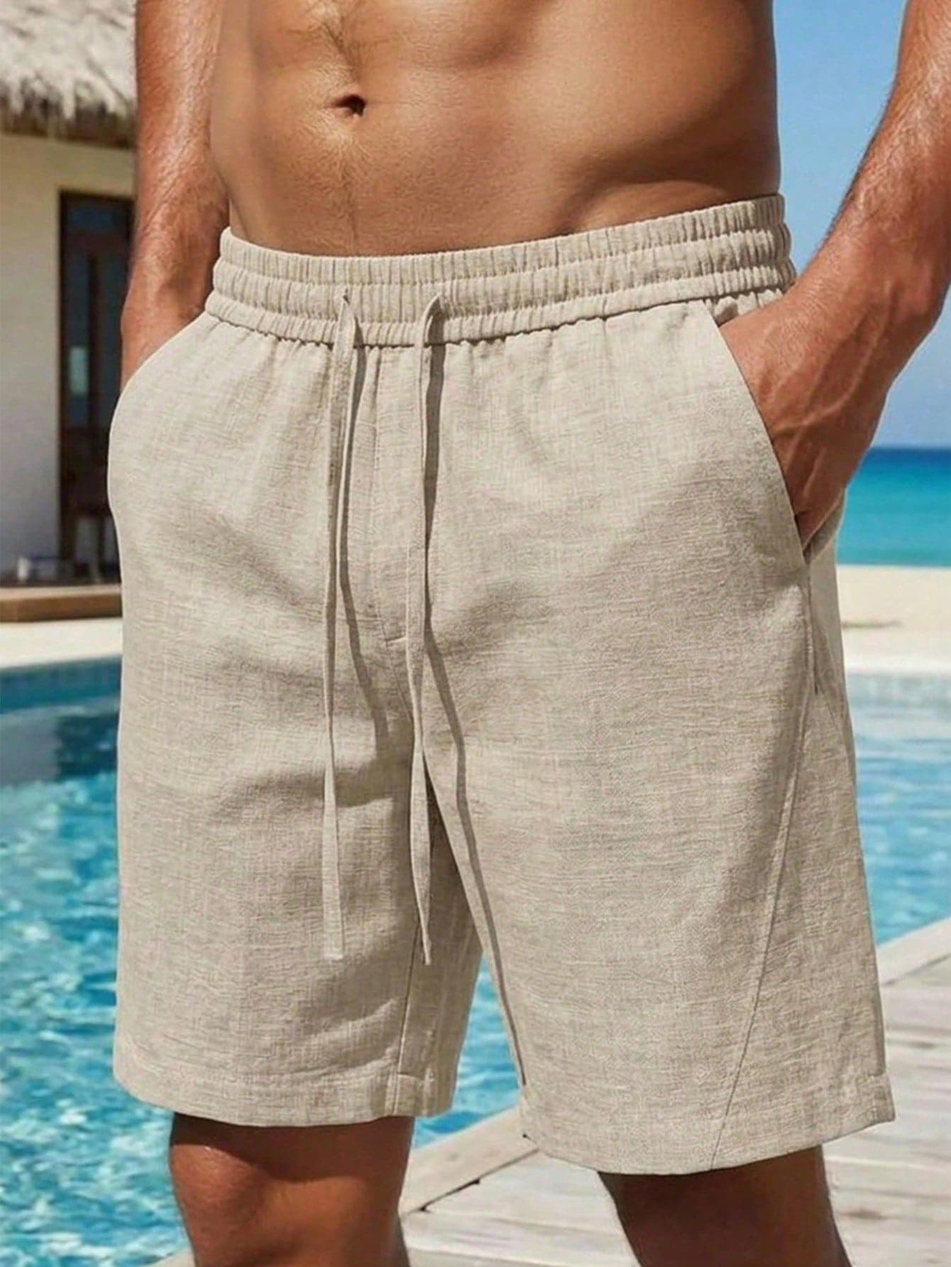 1pc Men's Linen-Like Casual Beach Shorts, Drawstring Elastic Waist, Vacation Style, Hawaiian Shorts, Lightweight Breathable Polyester Fabric, Draped Straight Leg, Summer Beach Vacation Commute Versatile Pants, Size Runs Large, If You Don't Like Loose Fit, Please Order One Size Down