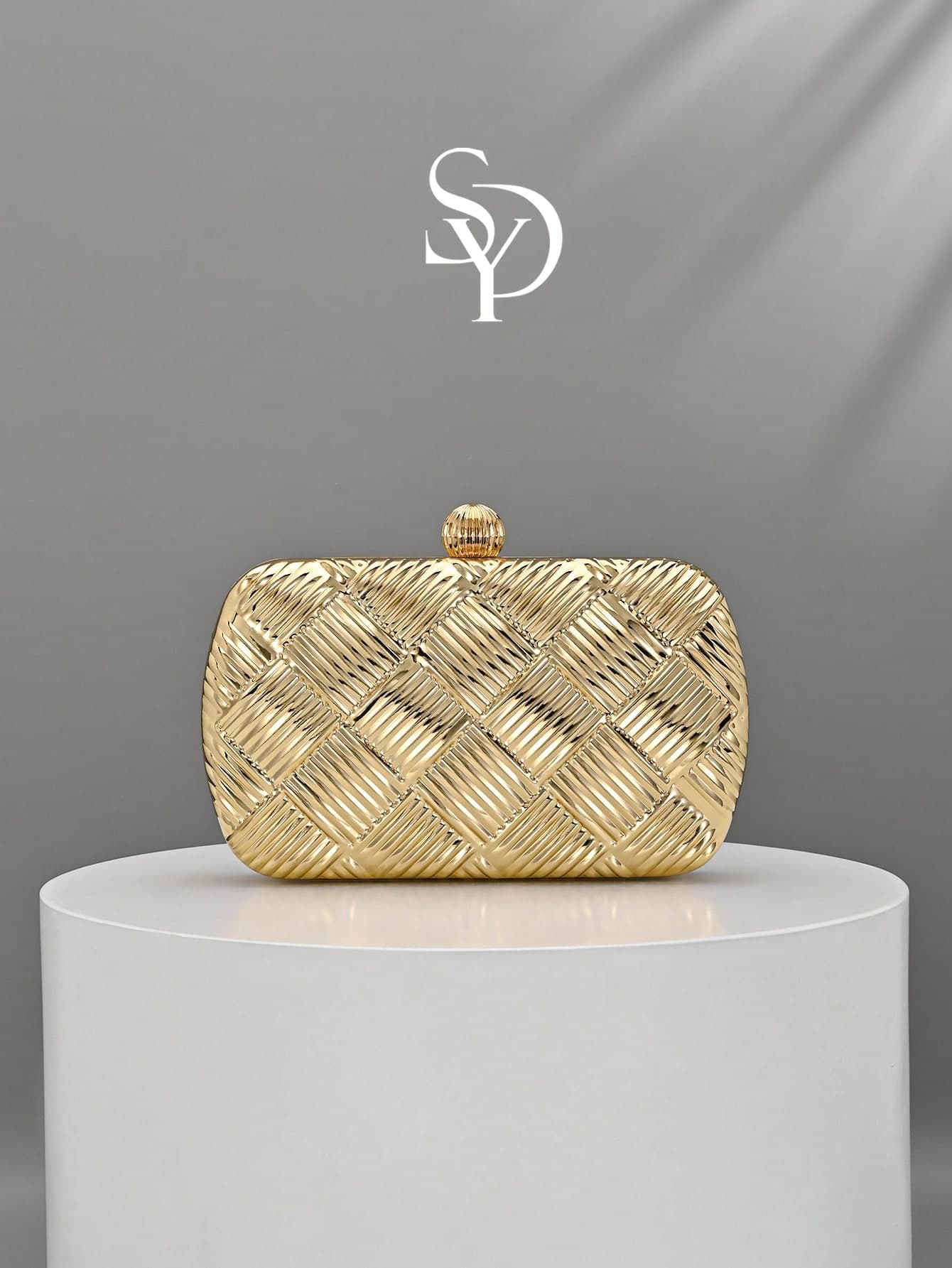 1pc Gold Shiny Woven Texture Mini Box Clutch Evening Bag, Suitable For Party, Wedding, Graduation, Dinner And Other Occasions.