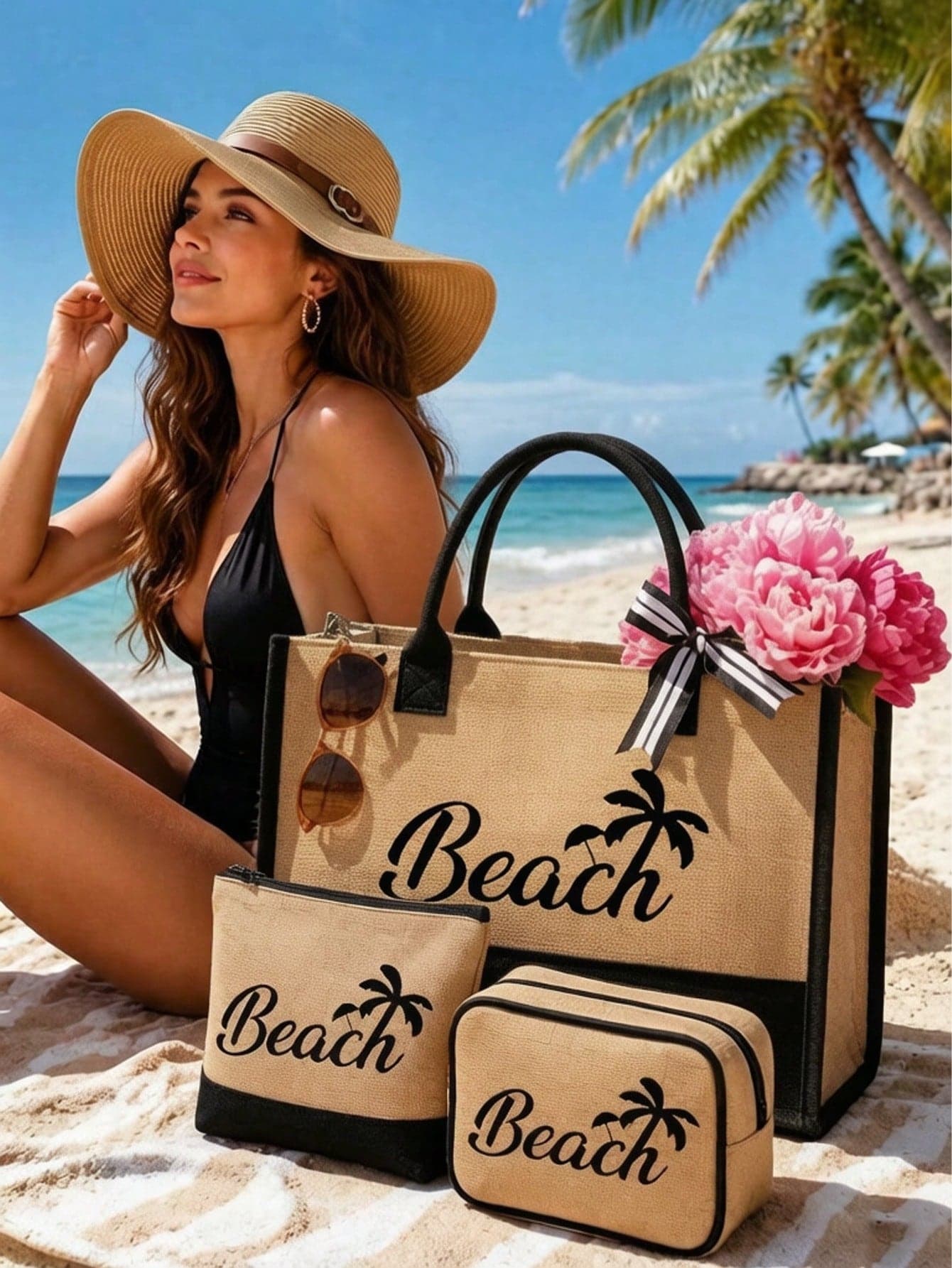 Women's Beach Tote Bag Set With "Beach" Art Lettering And Coconut Tree, Includes Zippered Square Storage Bag And Straw Hat, Fashionable Foldable Beach Bag, Perfect For Swimming And Beach Trips. Women's Shoulder Bag - With Adjustable Strap, Suitable As Supermarket Shopping Bag Or Multi-Functional Storage Bag. Commuter Tote Bag, Great Gift For Women, Mothers, Teachers, Friends, Bridesmaids, Students And Back To School Season