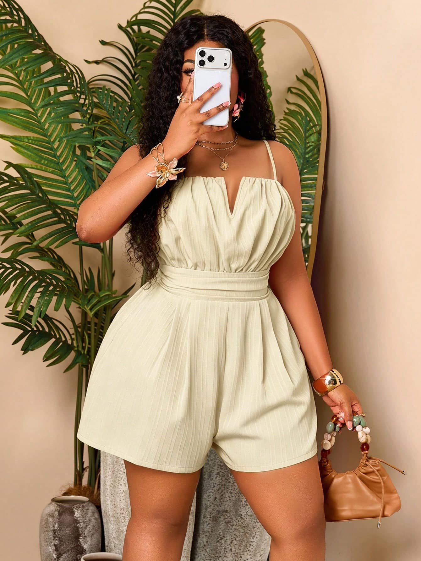 BIUBIU Plus Size Woven Fabric Jumpsuit, Spaghetti Strap, Ruched Detail, With Pockets, Short Casual Style, Tropicoqueta Set, Vacation Wear Summer