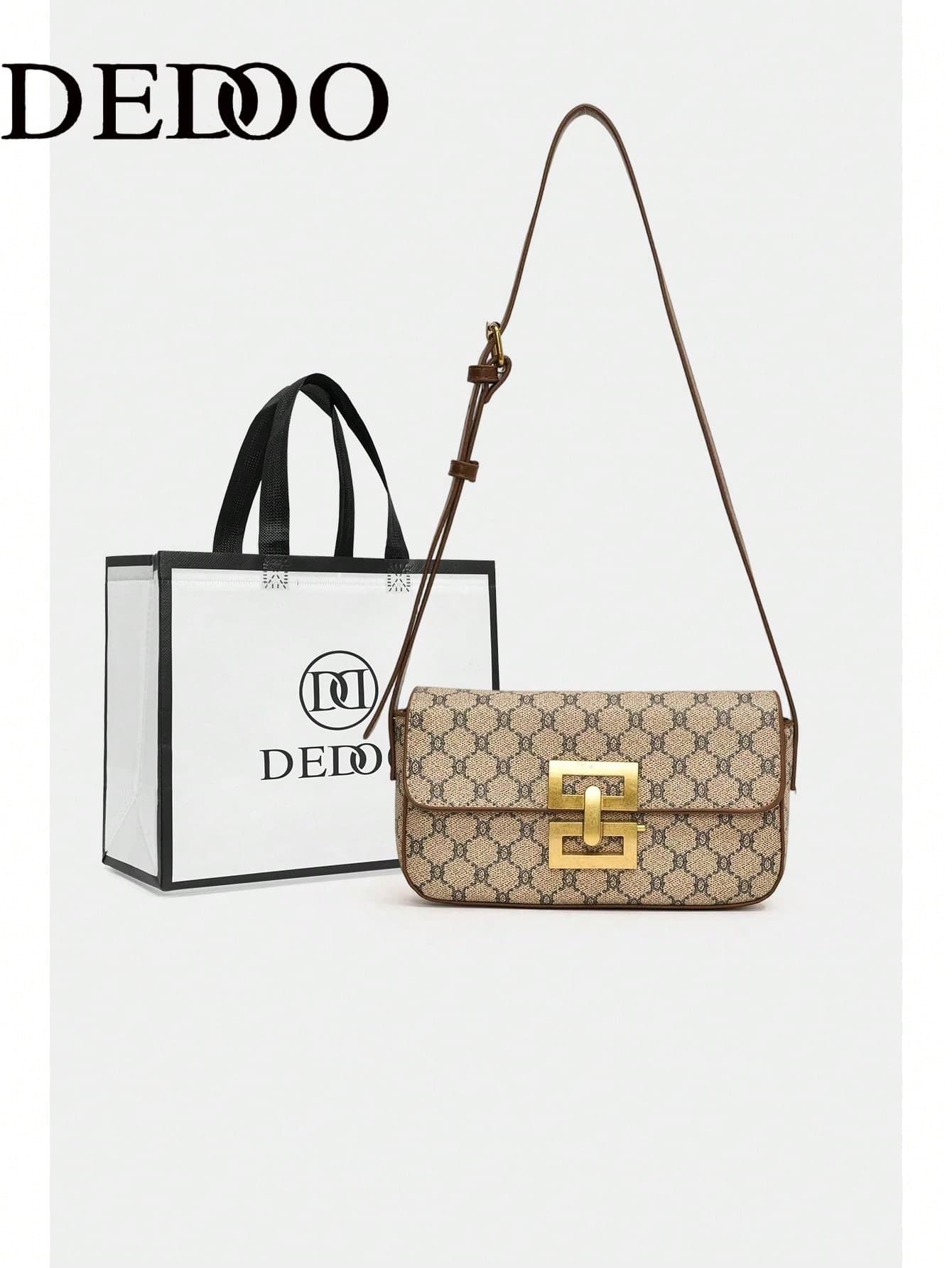 Dedoo Women Beige Monogram Canvas Crossbody Bag With Gold Metal Buckle And Adjustable Strap Vintage Style Shoulder Purse For Daily Commute (With Gift Bags)