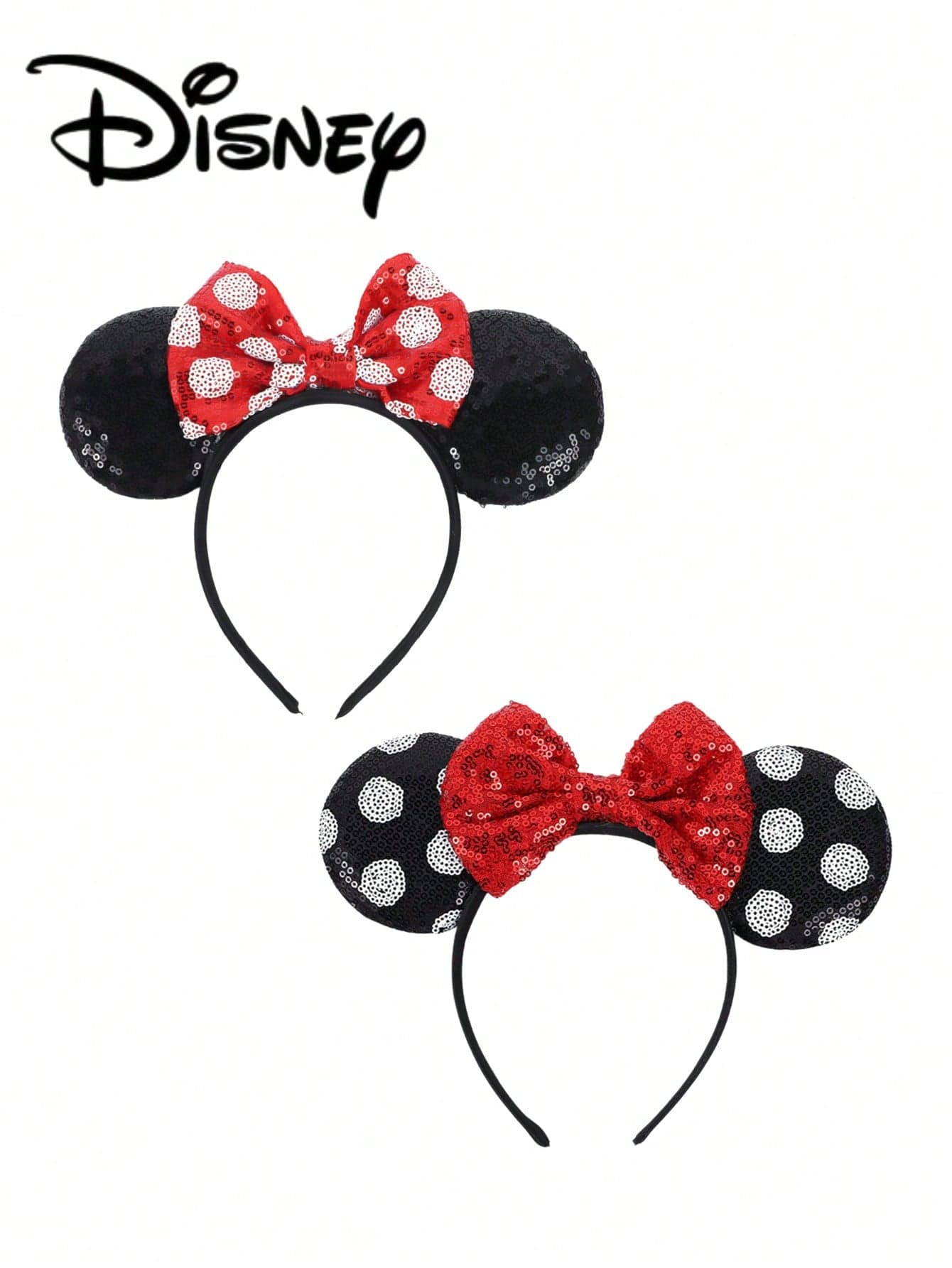 1pc Disney Mickey Red Base White Polka Dot + Black Sequin Headband, Mickey Red + Black Base White Polka Dot Sequin Headband - Holiday Party Headband, Head Accessory, Fun Photo Prop, Amusement Park Accessory, Suitable For Birthday Party And Valentine's Day Events, With Bow Cute Cartoon Hair Accessory, Princess Costume Accessory, Suitable For Disney Fans