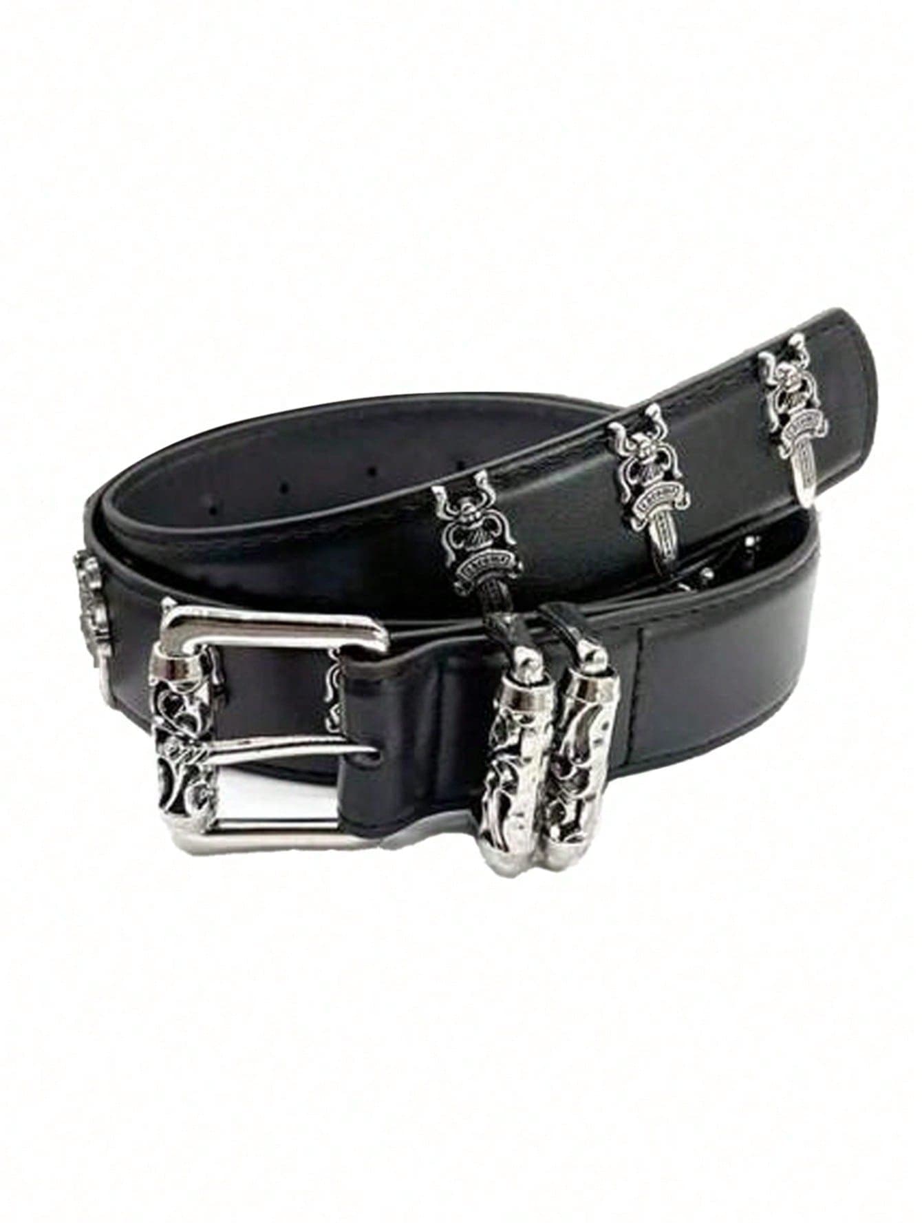 1pc Y2K Punk Style Metal Square Buckle Vine Carved Rivet Holy Sword Black PU Leather Unisex Fashion Belt, Suitable For Hoodie, Distressed Denim, Daily Wear, Fashion Style, Outdoor Activities, Street, Party, Autumn, Autumn Outfit, Halloween, Autumn/Winter Accessories, Christmas, Valentine's Day, Back To School, Halloween, Vacation, Graduation Gift, Birthday