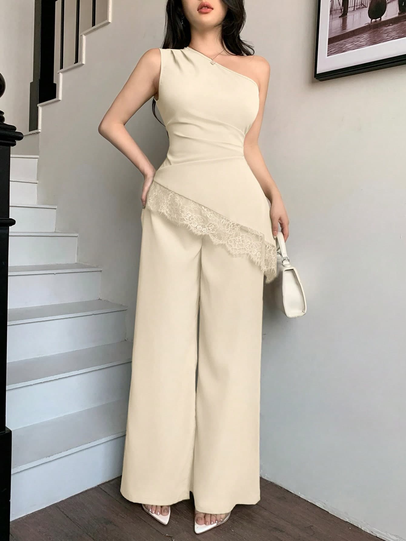 abyoxi Women's Pea Green Sleeveless Ruched Waist Lace Patchwork Asymmetric Hem Top With Wide Leg Pants 2-Piece Set, Sexy & Elegant, Suitable For Work Commute