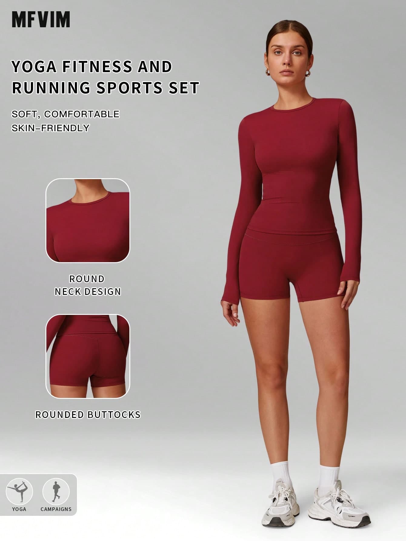 MFVIM Women's Sports Set Fashion Elastic Casual Slim Fit Yoga Dance Fitness Long Sleeve Shorts Workout Outfit, Versatile Soft Lightweight Skin-Friendly, Essential For Daily Home Commute Outdoor Jogging Cycling Tennis Court Badminton Court Yoga Exercise And Various Occasions Women's Fitness Wear