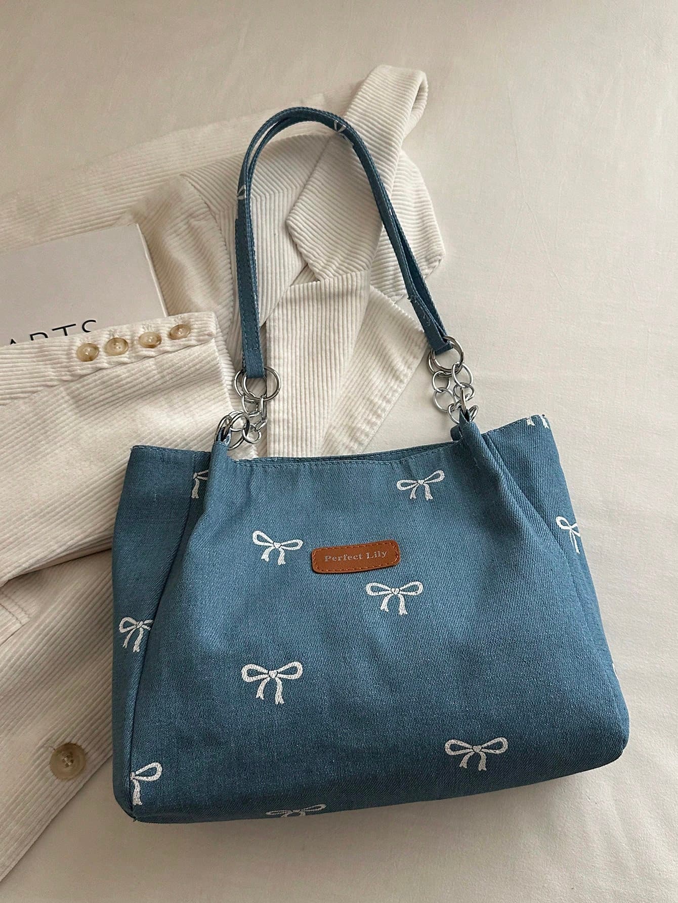 Denim Tote Bag, White Bow Embroidery, Metal Chain Strap, Large Capacity Zipper Student Daily Underarm Bag