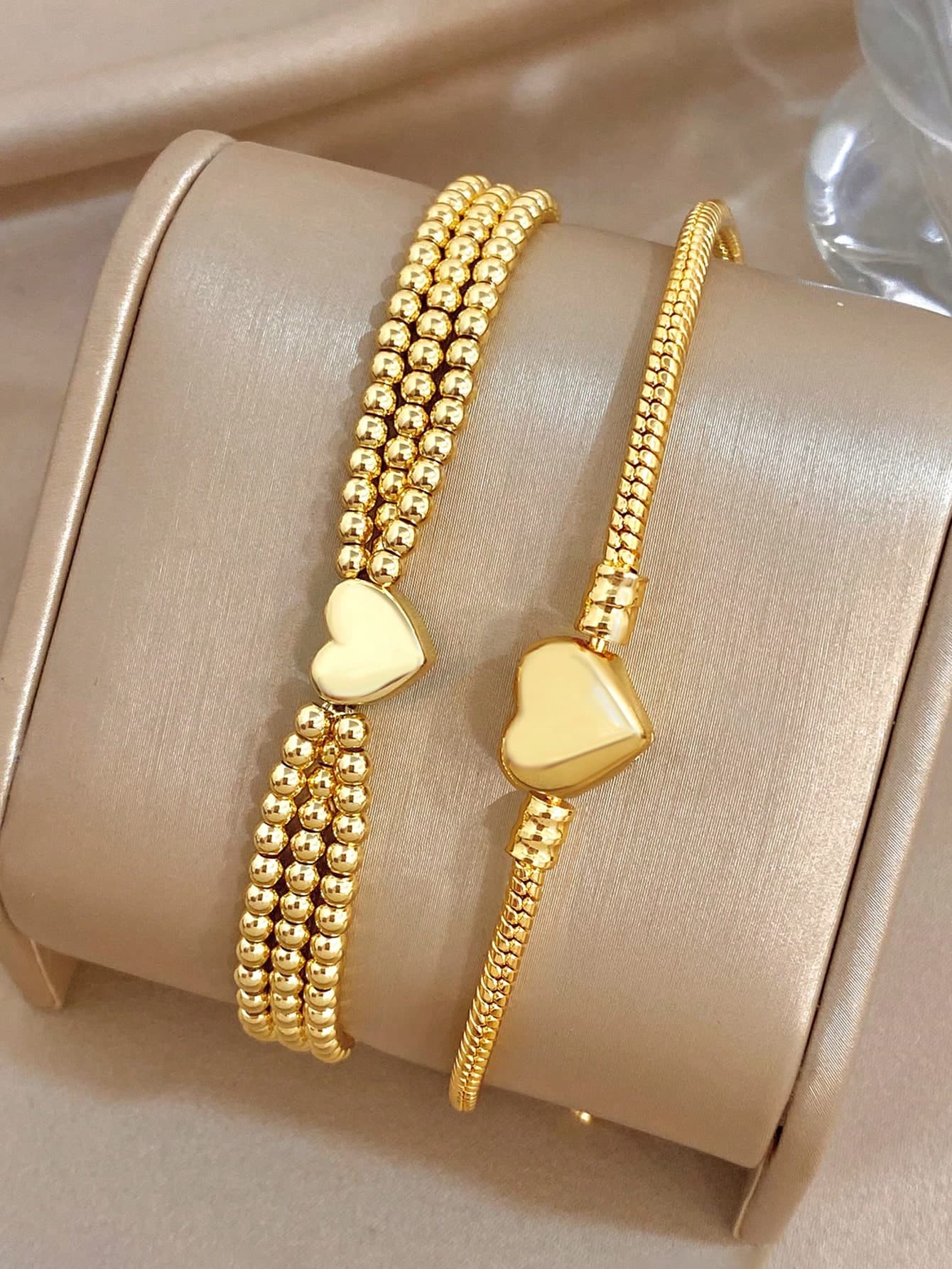 1Pc/Set Luxuy Dainty Round Gold Bead Heart Anti-Fading Chain Bracelet For Women,Gold Jewelry,Daily/Party/Boho/Y2K,Mom Gift, Valentine Birthday