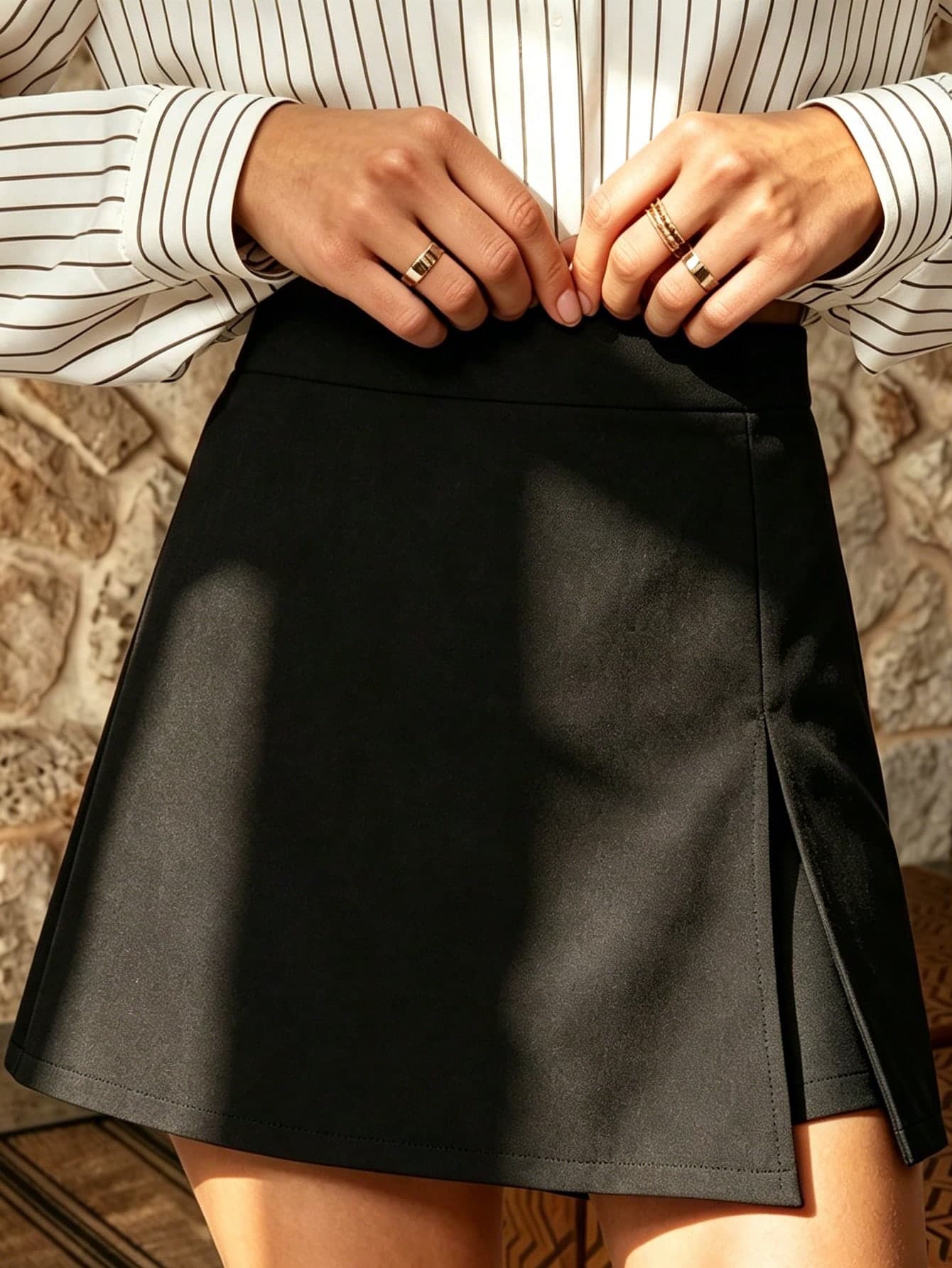 Elegant High Waist Side Split Skort, Solid Black Wrap A Line Mini Skirt With Built-In Shorts, Office Workwear Slim Leg Skort For Women